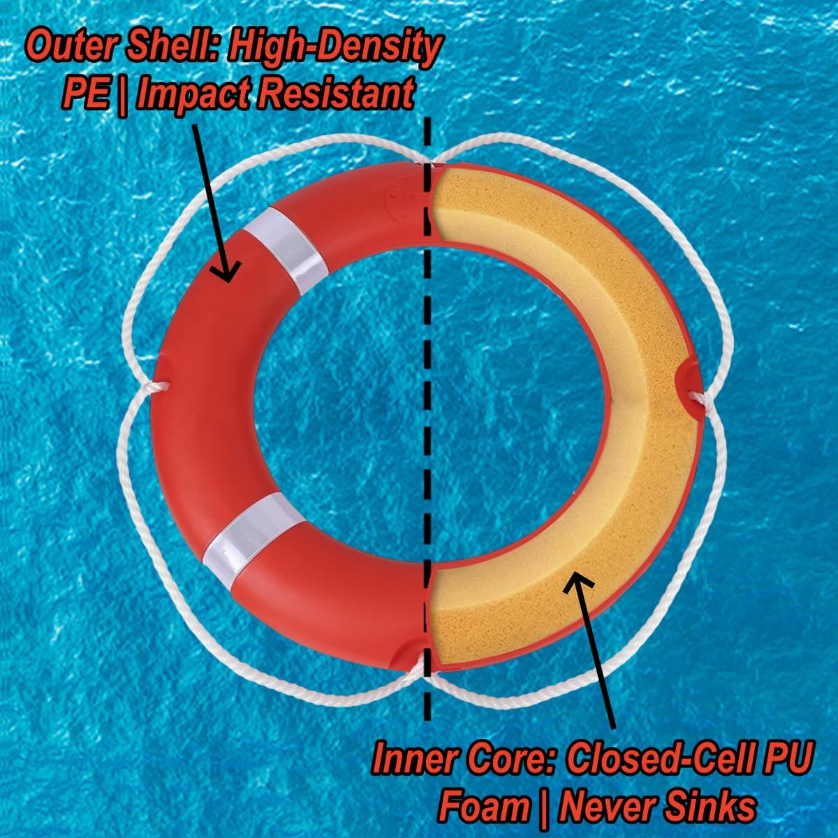 Life Ring Buoy Boat Safety Throw Ring with Water Floating Lifesaving Rope 98.4FT Set, Outdoor Professional Marine Grade Throwable Flotation Device for Boat Dock Pool Lake Rescue - Image 4