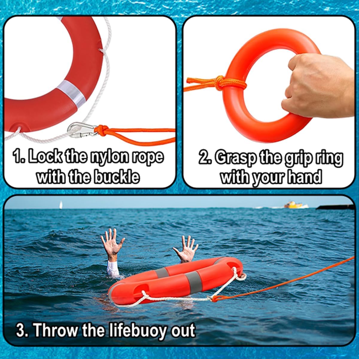 Life Ring Buoy Boat Safety Throw Ring with Water Floating Lifesaving Rope 98.4FT Set, Outdoor Professional Marine Grade Throwable Flotation Device for Boat Dock Pool Lake Rescue - Image 6