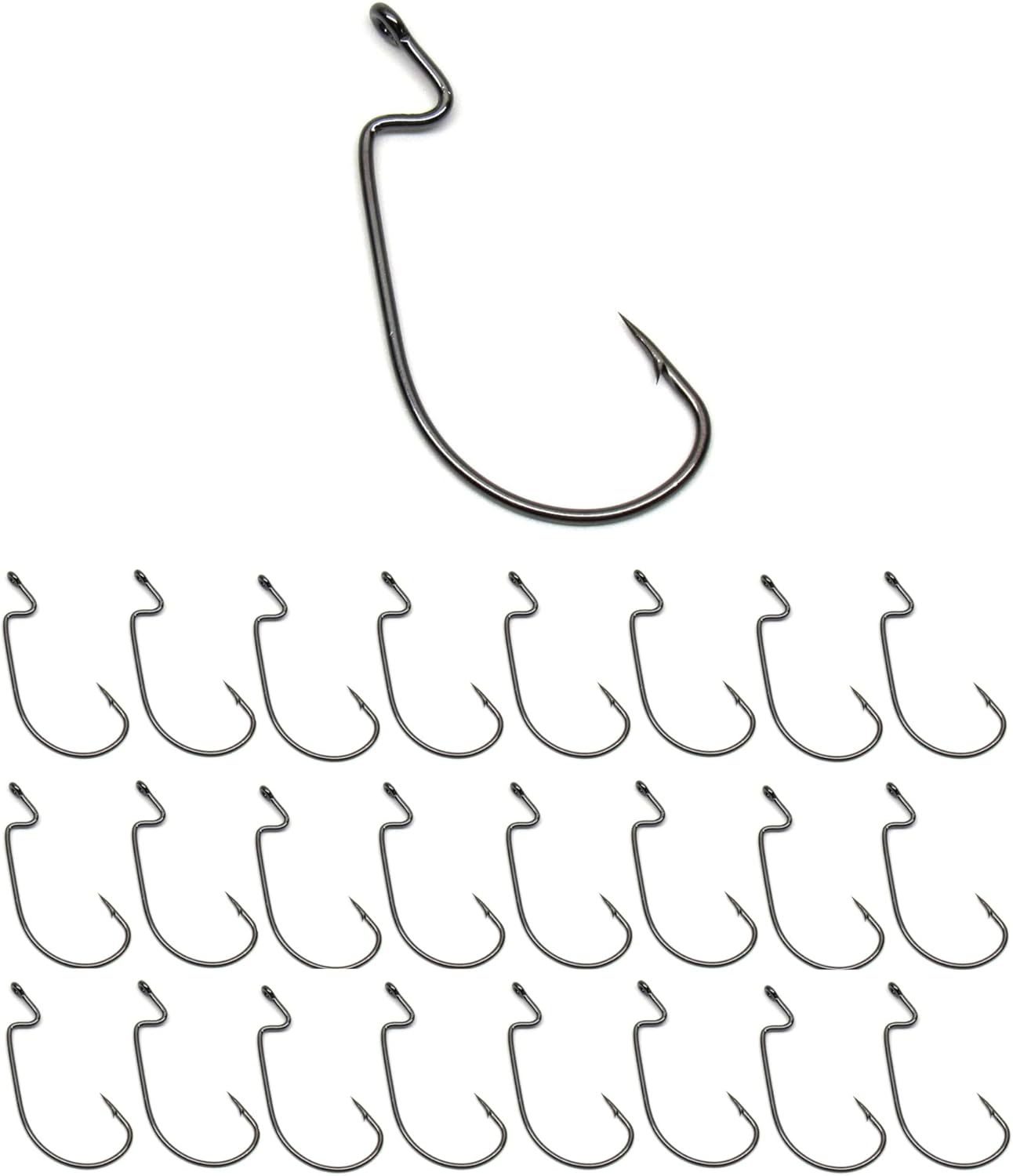 Reaction Tackle Offset EWG Worm Hooks - Super Strong Wide Gap Texas Rig Hooks for Soft Plastic Baits - High Carbon Steel Bass Fishing Hooks (25-Pack)