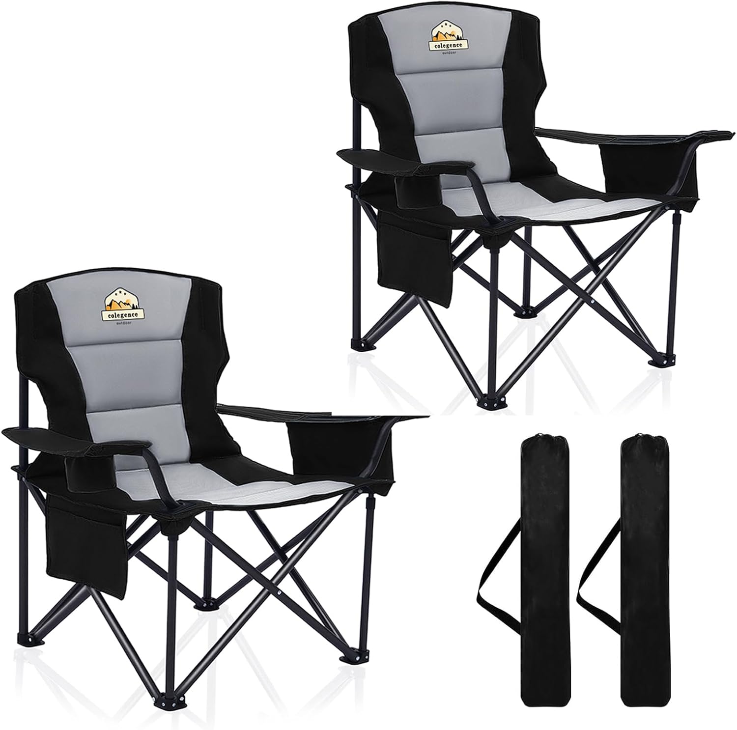 Colegence Oversized Heavy Duty Camping Chairs 2 Pack, 450 LBS Support Extra Wide Folding Portable Outdoor Chair with Cooler Bag, Cup Holder & Armrests for Camping, Beach, Tailgating, Sports, Black