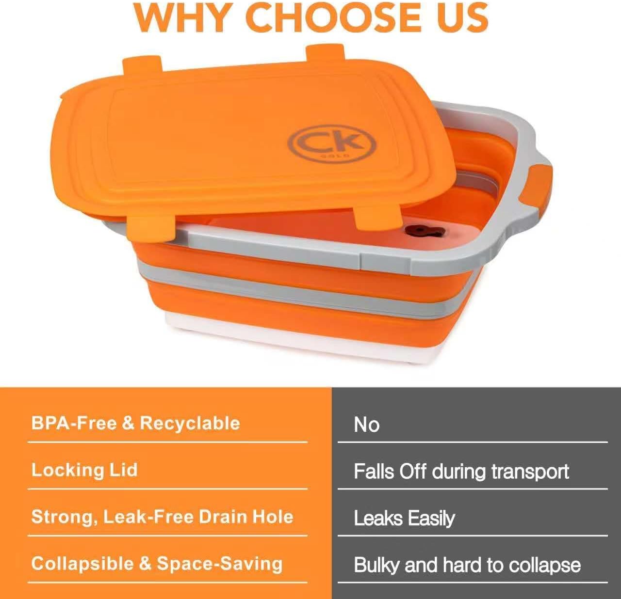 New Extra LARGE Collapsible BBQ Prep Tub with LOCKING LID & Meat Resting Bag - BPA Free Cutting Board with Lid, Leak Free, Strong Drain Hole for Meal Prep, Marinating, Grilling & Food Storage (Orange) - Image 6