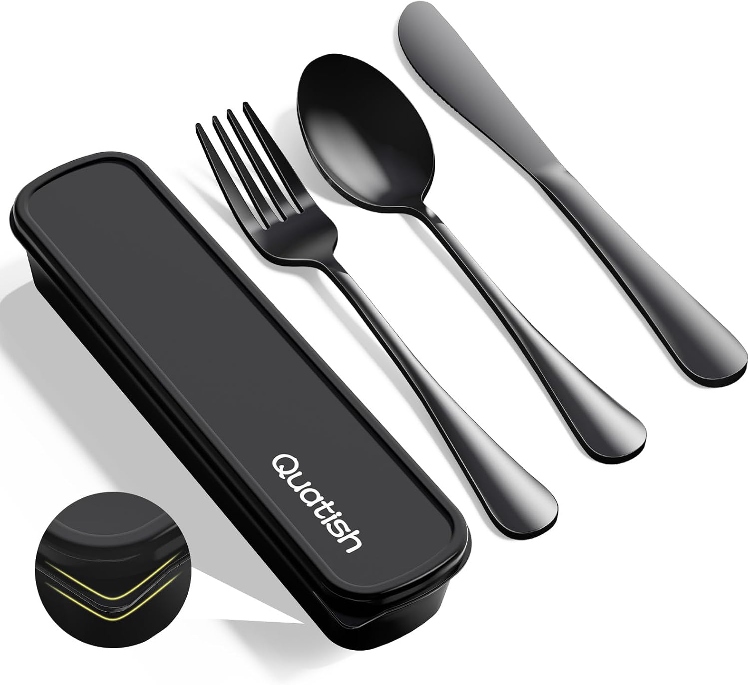 Travel Utensils with Case, Quatish 4 Piece Stainless Steel Silverware Set for Work, Portable Reusable Travel Cutlery Set, Fork and Spoon Set for Picnic, Camping, Gadgets, Lunch Box for Men, Black