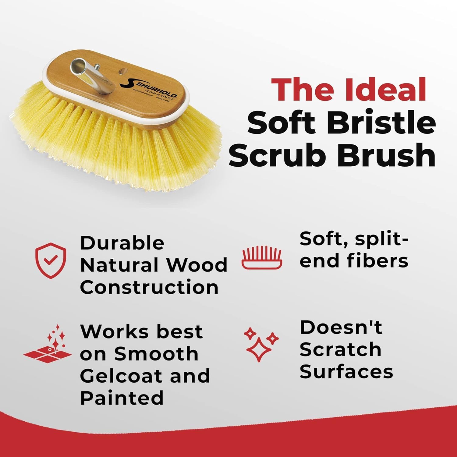 Shurhold Classic 6” Soft Bristle Deck Brush – Compact Boat Brush with Wood Block, Rubber Bumper & Split-End Polystyrene Bristles - Yellow - Image 2