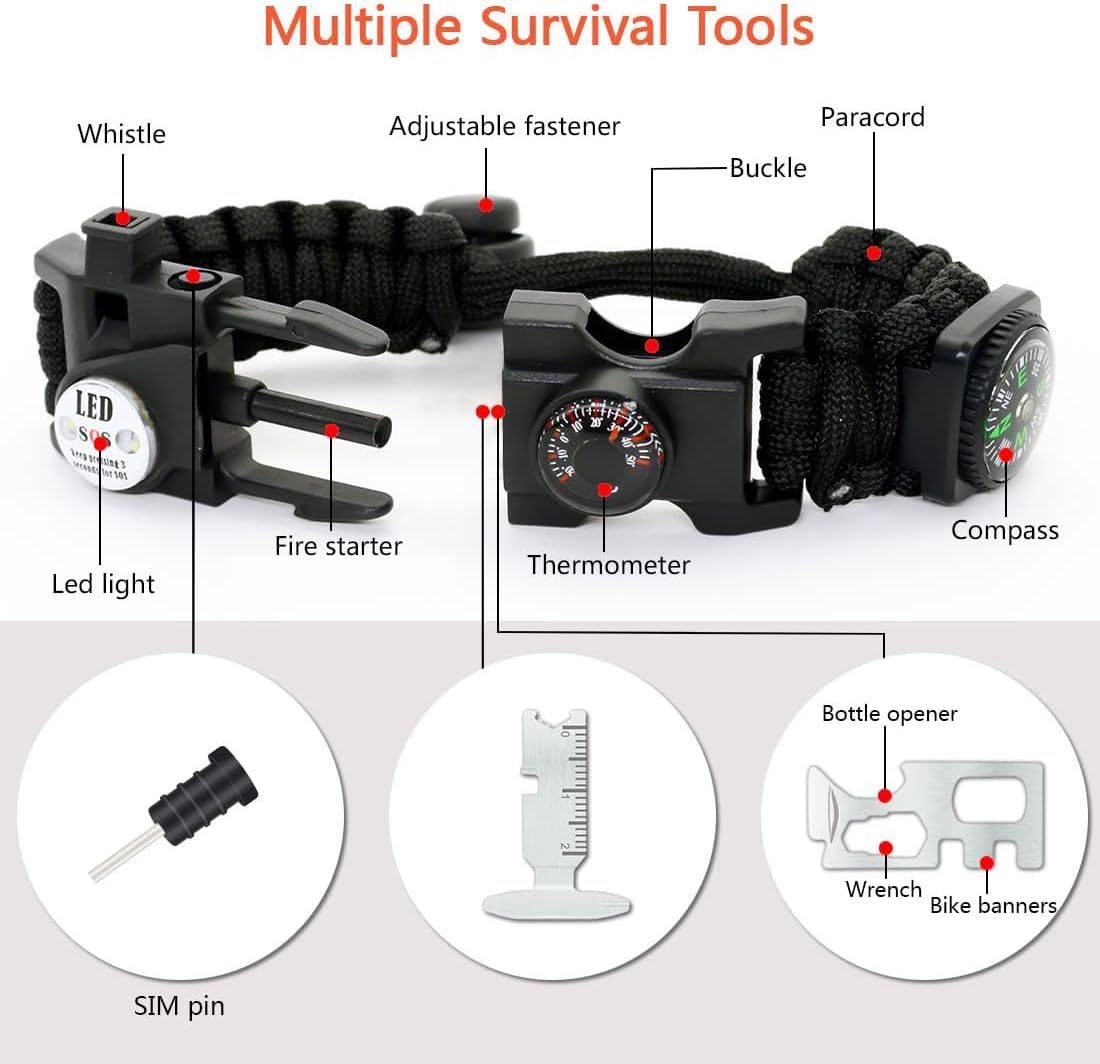 20 in 1 Survival Paracord Bracelet Adjustable Gear Kit with SOS LED Light, Fire Starter, Bigger Compass, Survival Whistle, Perfect for Camping, Hiking, Fishing - Image 2
