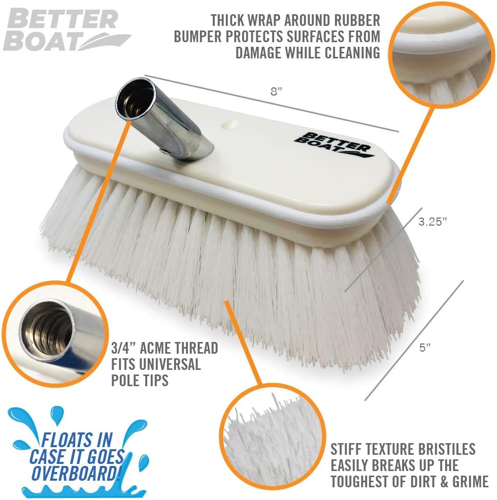 Stiff Boat Deck Brush, Heavy-Duty Marine Brush Head, 8" Firm Bristle with Bumper, 3/4" Thread Handle, for RV, Truck, and Auto Cleaning - Image 2