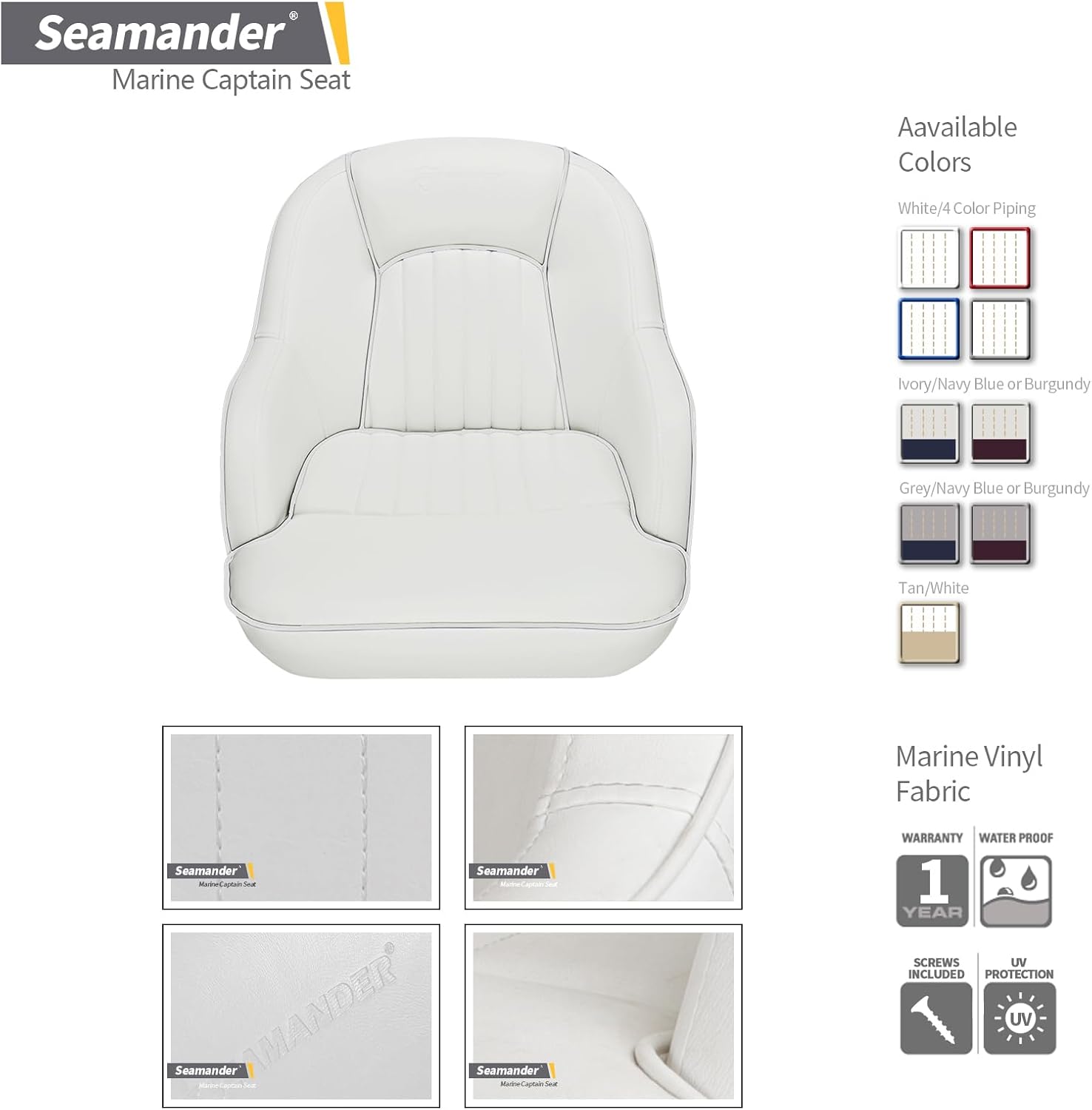 Seamander Boat Captains Chair,Pontoon Boat Seat, Integral Rotomolded Frame, Premium EPDM Foam Material,Marine Grade Vinyl, 5x5 or 5x12 inch Mounting Pattern (White/White) - Image 4