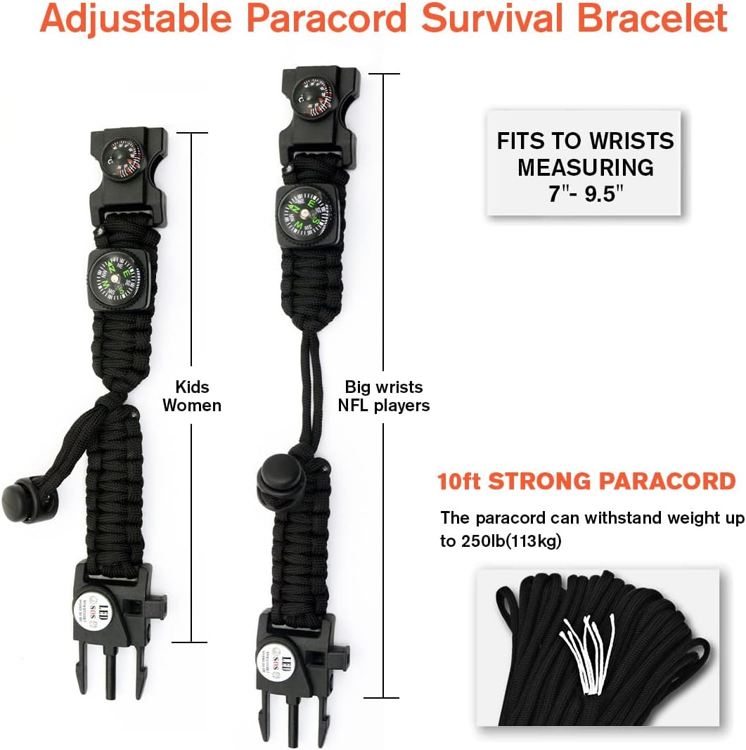 20 in 1 Survival Paracord Bracelet Adjustable Gear Kit with SOS LED Light, Fire Starter, Bigger Compass, Survival Whistle, Perfect for Camping, Hiking, Fishing - Image 4