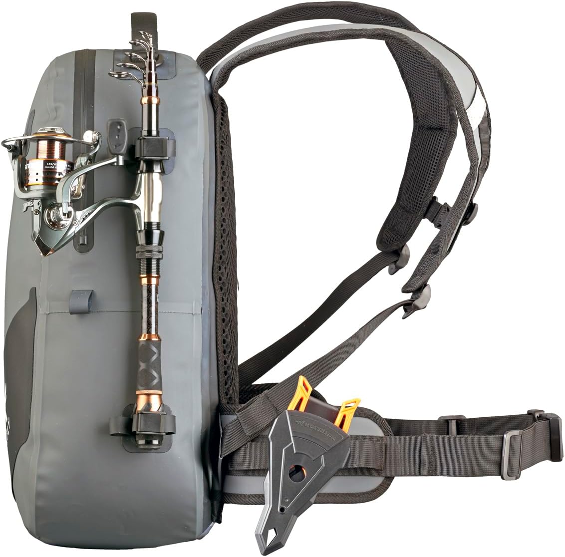 Xelfly - Waterproof Fishing Backpack with Rod Holder, Inflatable Air Valve, Padded Waist Straps & Gear Loops - Submersible Zipper, Rugged Top Handle, Adjustable Attachments (Gray) - Image 8