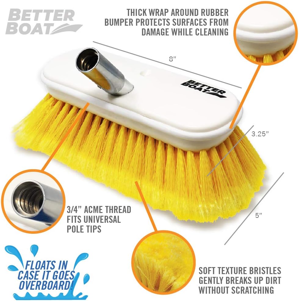 Soft Boat Deck Brush, Heavy-Duty Marine Brush Head, 8" Bristle with Bumper, 3/4" Thread Handle, for RV, Truck, and Auto Cleaning - Image 2