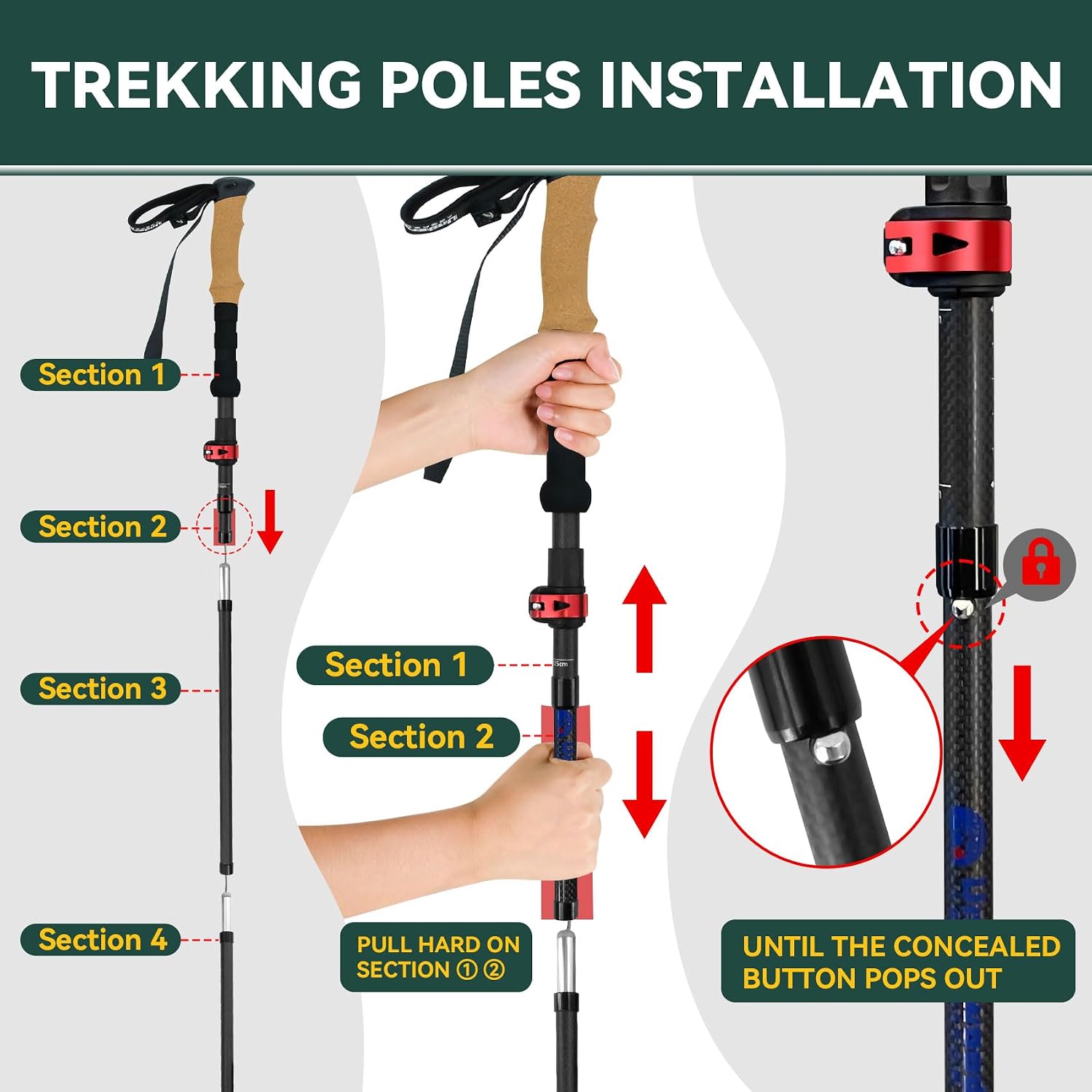 Carbon Fiber Trekking Poles - Lightweight Collapsible Hiking Poles, 2 PCS Nordic Hiking Sticks for Travel, Backpacking Walking Sticks for Men, Women, Seniors with Cork Grip & Quick-Lock System - Image 4