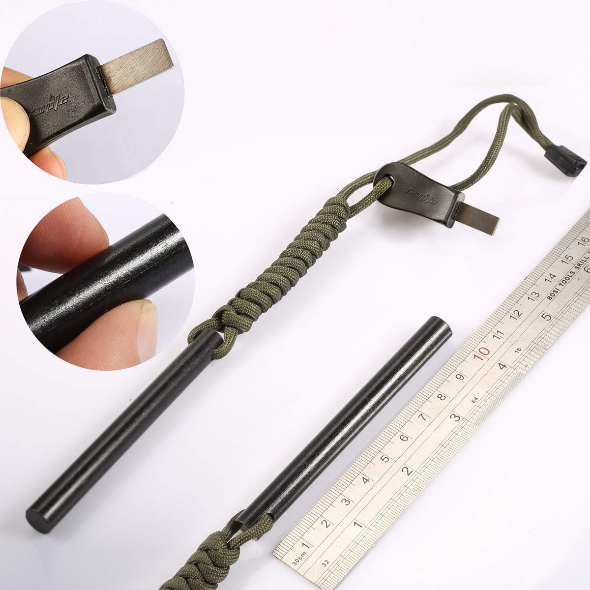 4 Inch Survival Ferrocerium Drilled Flint Fire Starter, Ferro Rod Kit with Paracord Landyard Handle and Striker, 4"(Long) x 3/8"(Diameter) - Image 5