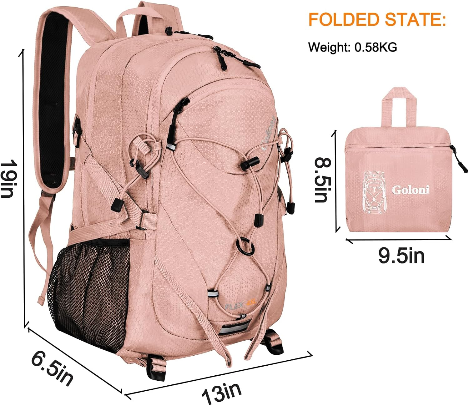Goloni 45L Hiking Backpack Lightweight Foldable, Waterproof Camping Backpack with Rain Cover & Hiking Pole Mat Carrying System, Ergonomic Water Resistant Daypack for Trekking Travel Men Women Pink - Image 2