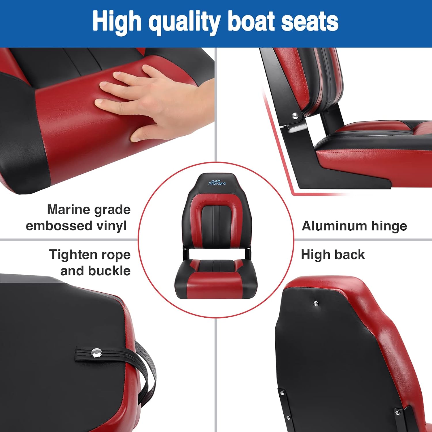 Affordura Boat Seat for Boats with 2 Storage Bags High Back Folding Boat Seat Boat Fold Down Seat (2 Packs), Black and Red - Image 5