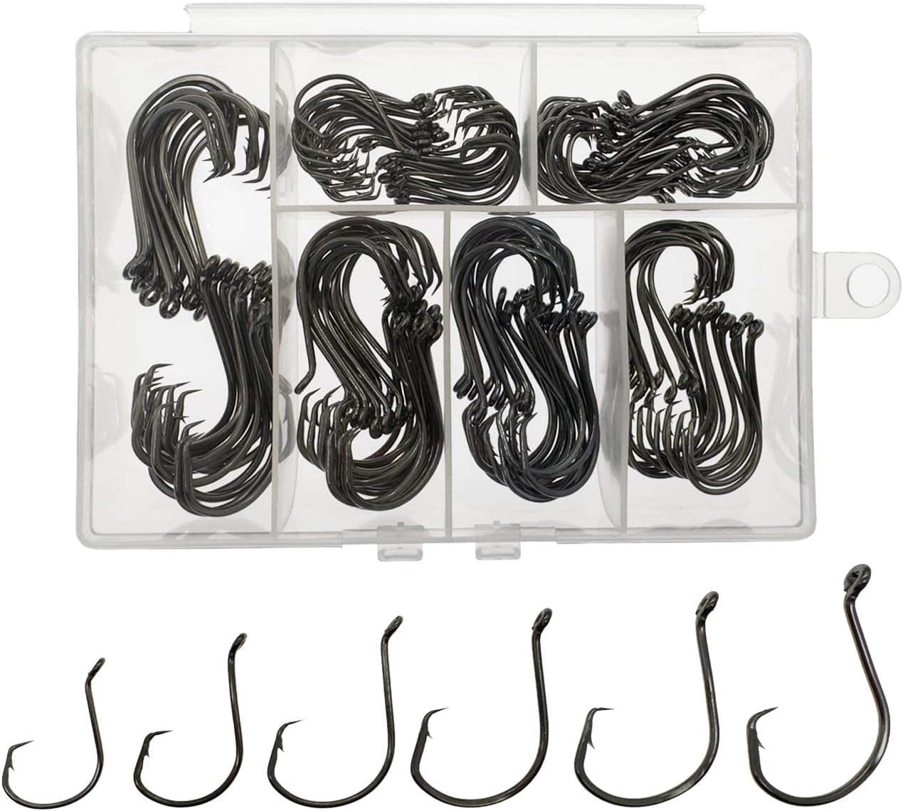 Afmivs Fishing Hooks Saltwater, 160PCS Circle Hooks Saltwater, Fish Hooks for Fishing Gear Tackle, Catfish Octopus Hook #1 1/0 2/0 3/0 4/0 5/0 6/0 8/0 Black High Carbon Steel with Portable Plastic Box
