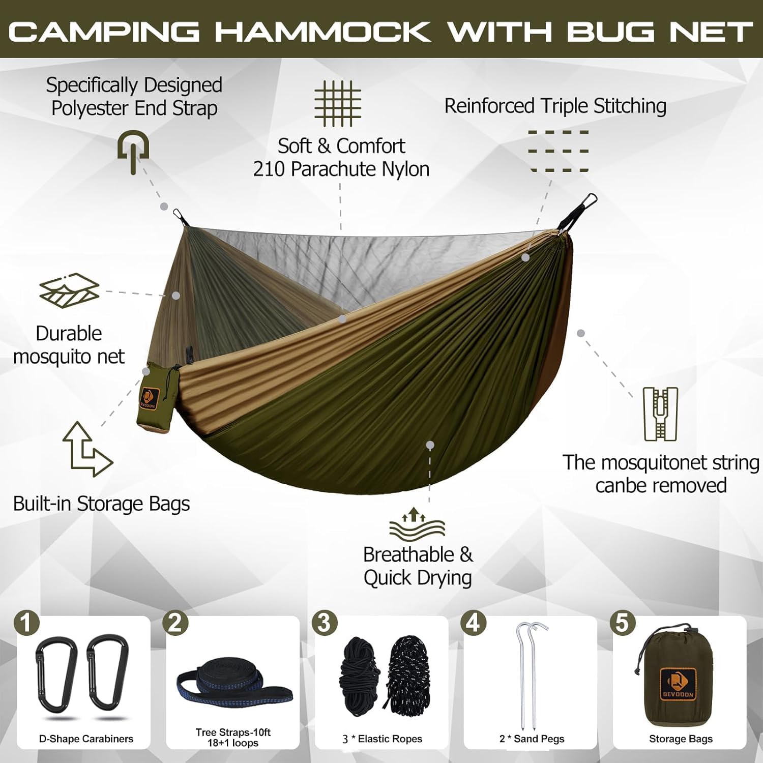 Camping Hammock, Portable Hammocks with Mosquito Net,Lightweight Nylon Parachute Hammock with 10ft Tree Straps,Camping Gear Must Haves for Travel Hiking Backpacking Beach Patio-Green&Khaki - Image 2