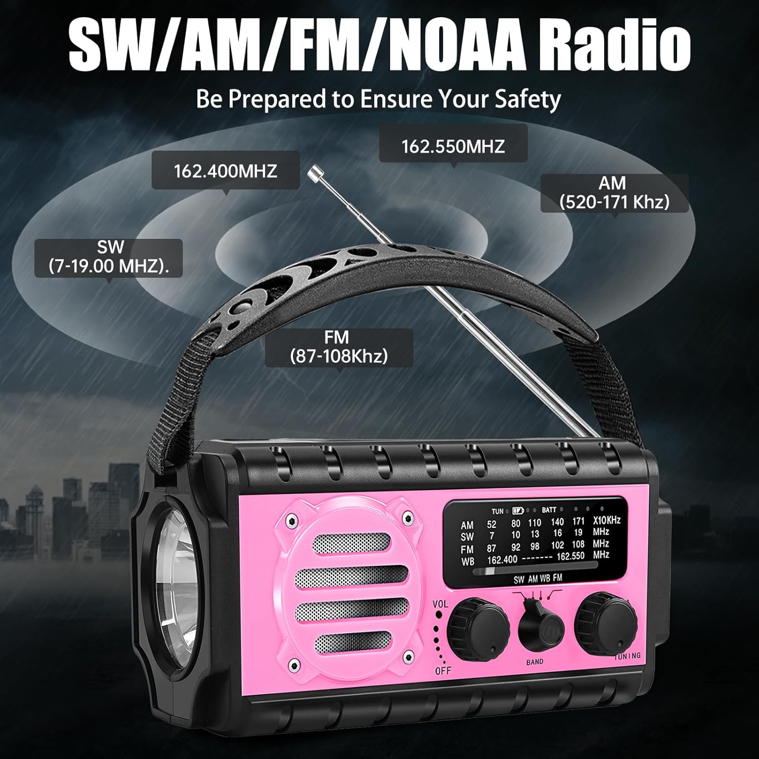 74000mWh Emergency Radio with NOAA Weather, Portable Hand Crank SW/AM/FM Survival Radio with Fast Charge Rechargeable Solar Battery, Flashlight, Reading Lamp,SOS Sirenor Home Outdoor(Pink) - Image 2