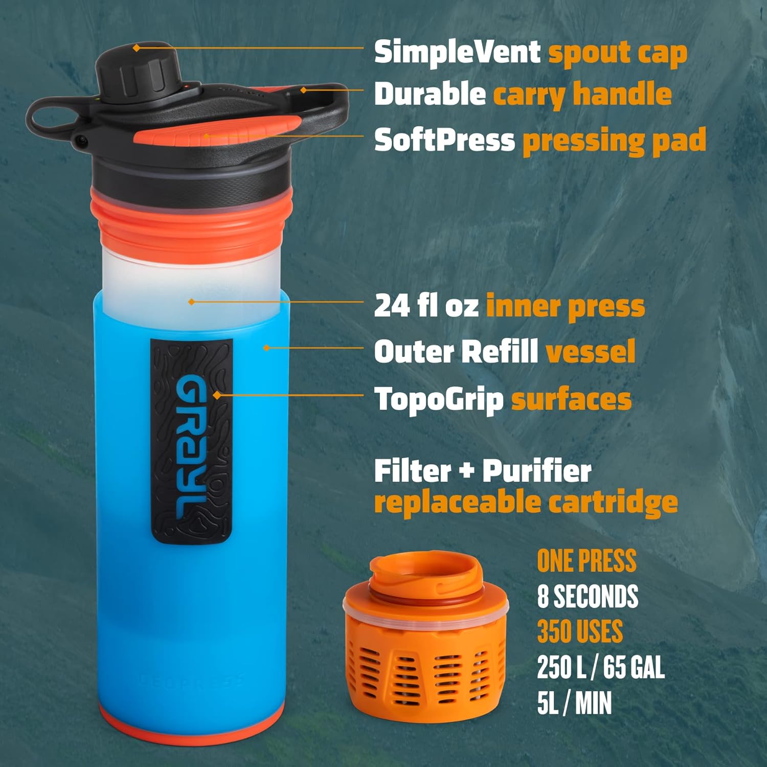 GRAYL GeoPress 24 oz Water Purifier Bottle - Filter for Hiking, Camping, Survival, Travel (Bali Blue) - Image 3