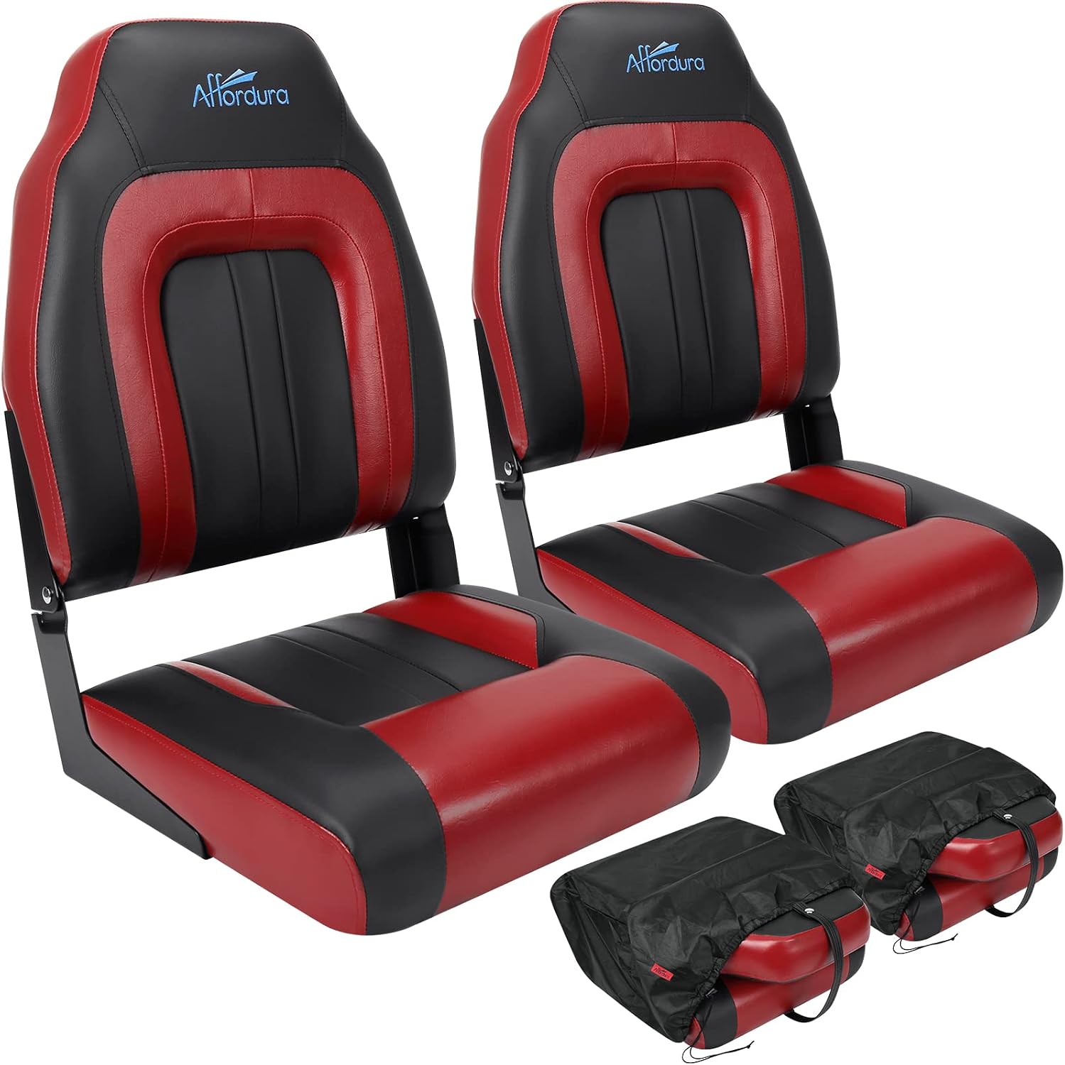 Affordura Boat Seat for Boats with 2 Storage Bags High Back Folding Boat Seat Boat Fold Down Seat (2 Packs), Black and Red