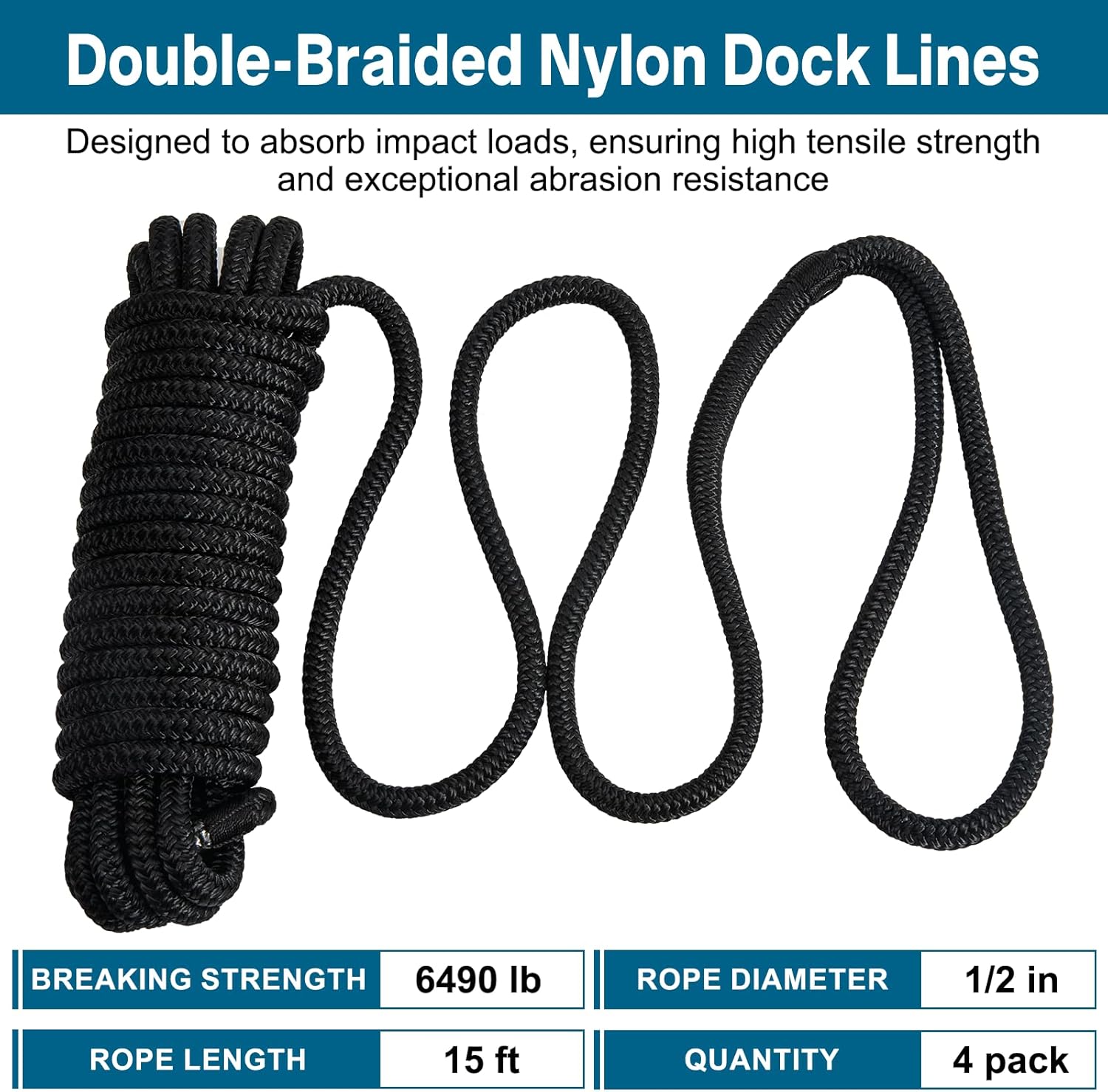 4 Pack 1/2" x 15’ Boat Dock Lines for Boat & Pontoon, Premium Marine- Grade Double Braided Nylon Dock Line, Pre-Spliced with a 12" Eyelet-Black,Boating Gifts for Men - Image 2