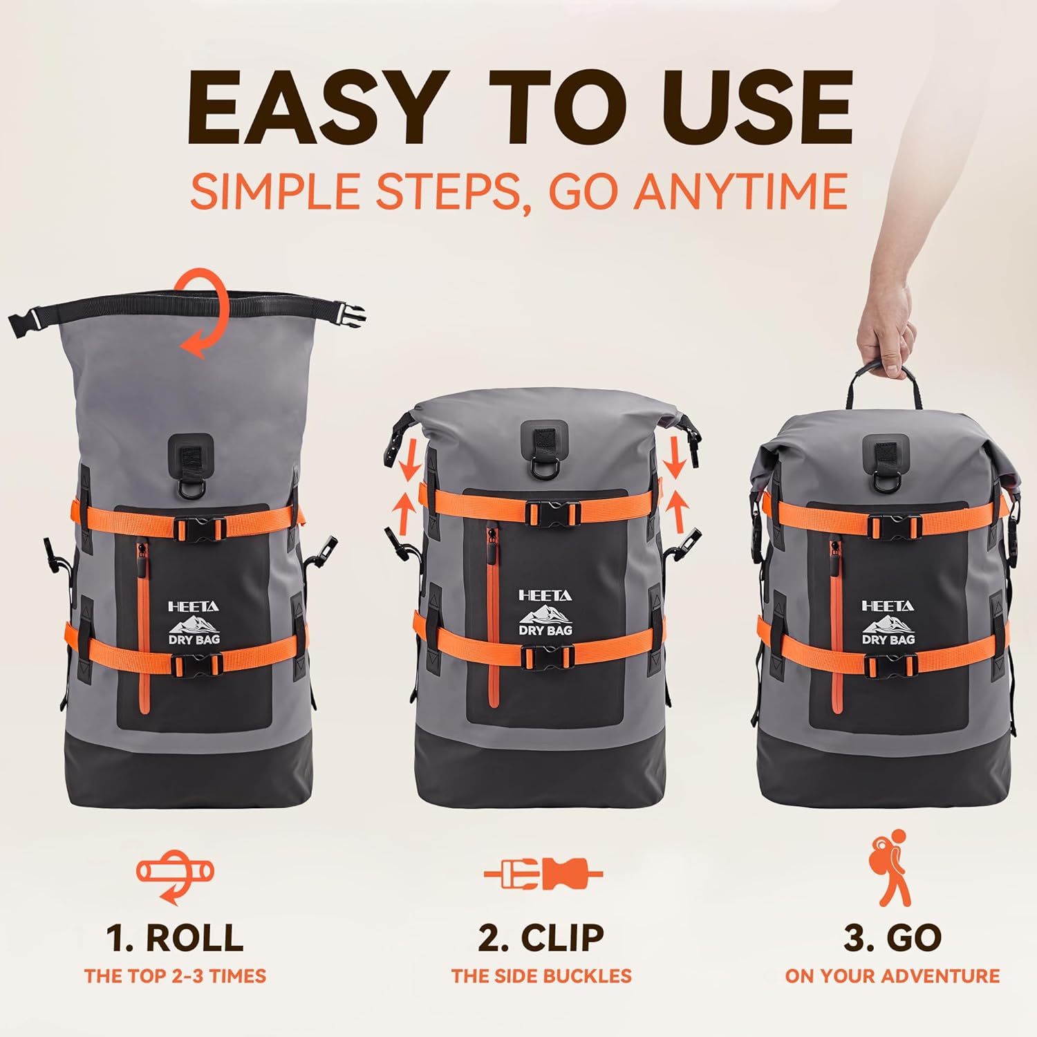 HEETA Dry Bags Waterproof Backpack 40L for Men & Women, Roll Top Heavy Duty Cushioned Hiking Backpack for Kayaking Boating Paddle Boarding Fishing Travel Camping Beach Vacation Cruise Ship Essentials - Image 3
