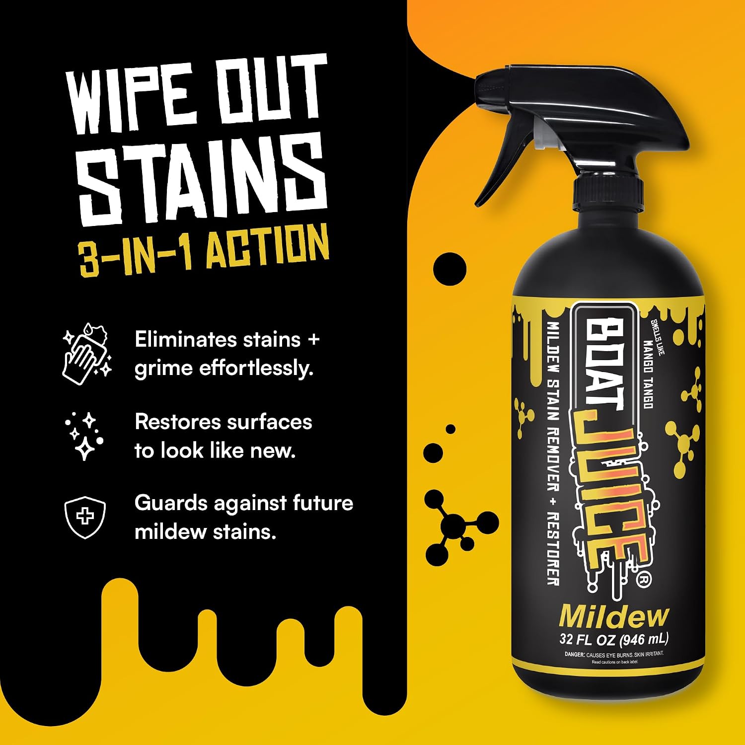 Boat Juice Mildew Stain Remover & Restorer Boat Cleaner | Marine-Grade Boat Mold & Mildew Remover for Vinyl Seats, Upholstery, Cushions & Interior | Fast-Acting, Mango Tango Scent | Made in USA (32oz) - Image 2