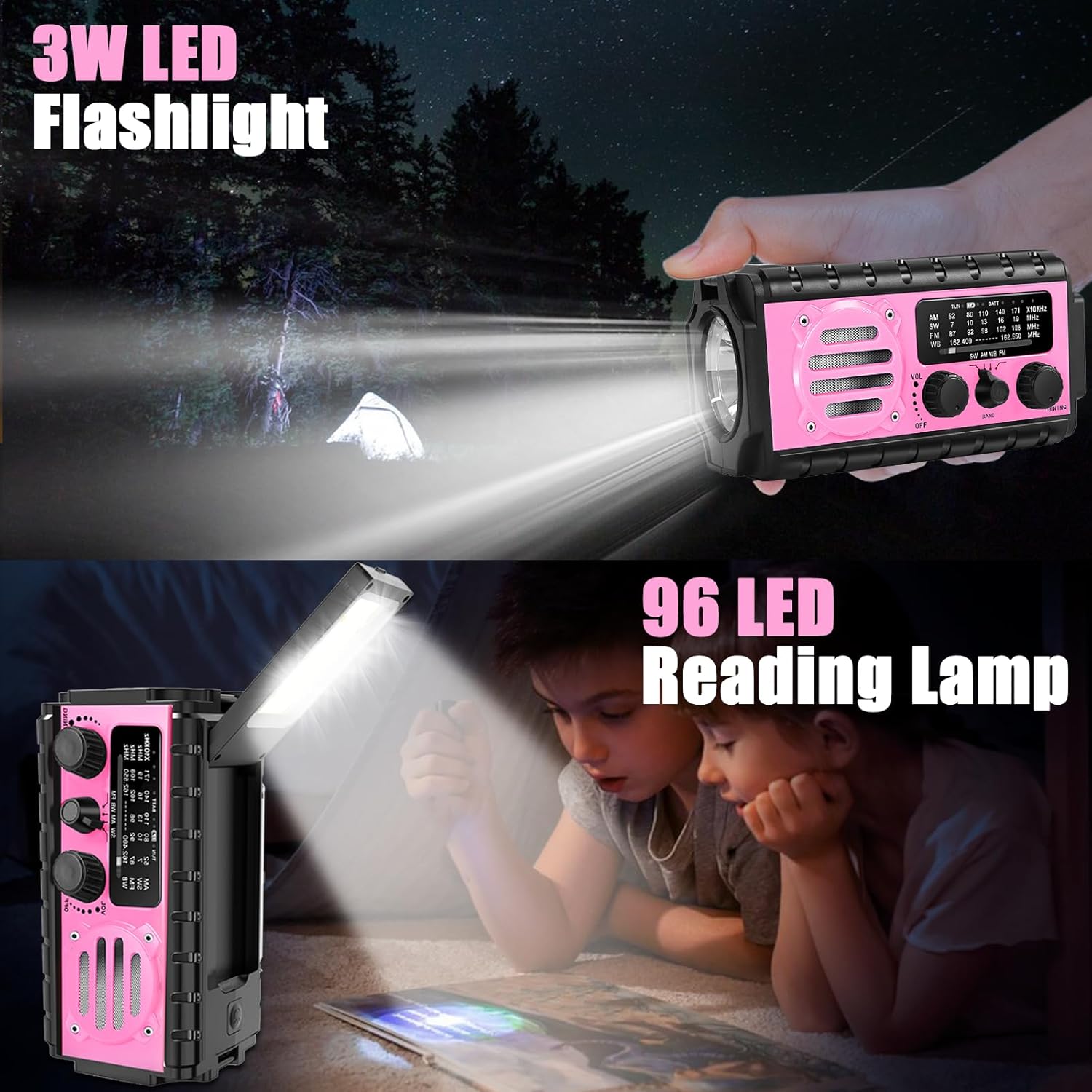 74000mWh Emergency Radio with NOAA Weather, Portable Hand Crank SW/AM/FM Survival Radio with Fast Charge Rechargeable Solar Battery, Flashlight, Reading Lamp,SOS Sirenor Home Outdoor(Pink) - Image 4