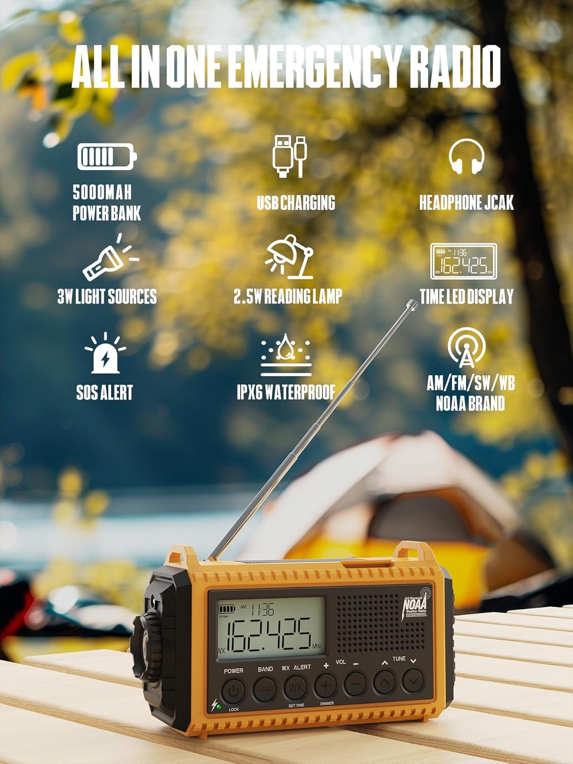 Emergency Radio Hand Crank NOAA Weather Alert/AM/FM/SW, 5000mAh Rechargeable Battery Powered Solar, Portable with 2-Mode LED Flashlight, SOS Alarm - Image 3