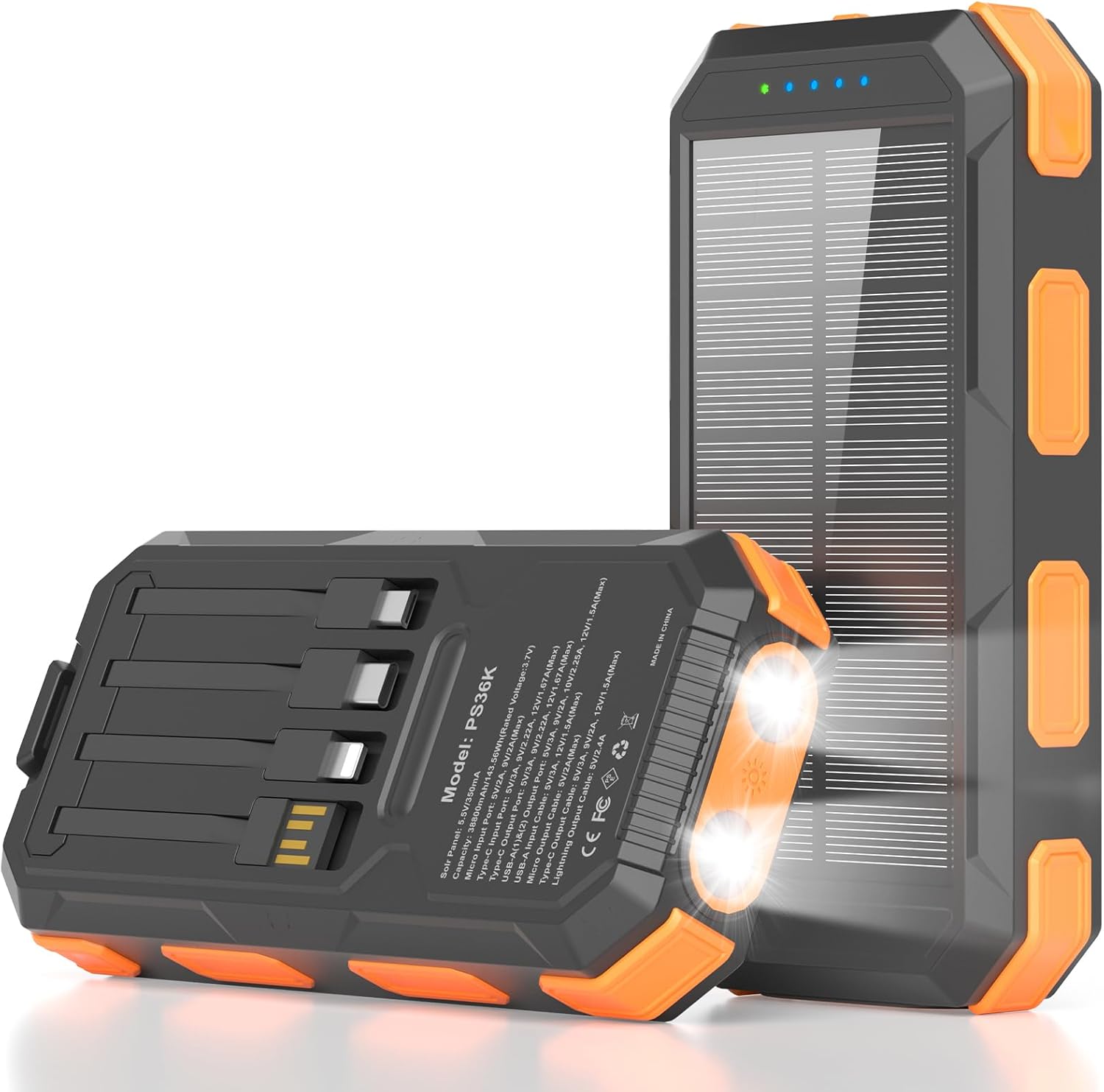Solar Charger Power Bank 38800mAh, 22.5W USB-C Fast Charging Portable Charger with 4 Built-in Cables, External Battery Pack with Dual LED Emergency Flashlights for Camping, Hiking, Outdoor Use
