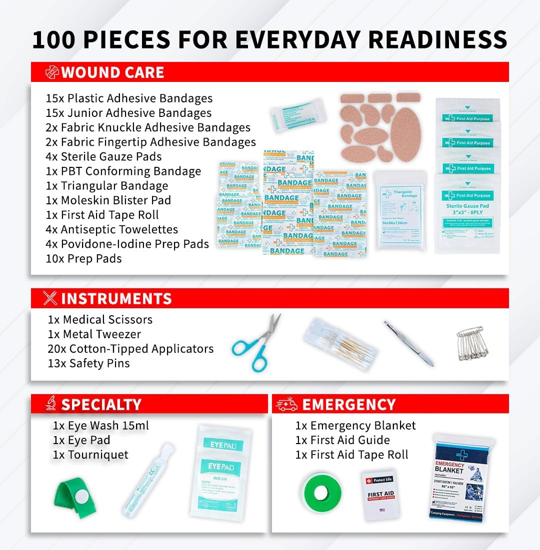 Protect Life Doctor Developed Mini First Aid Kit, 100 Piece Waterproof Emergency Kit for Car, Boat, Camping & Travel, Includes Emergency Blanket, Tourniquet & First Aid Guide - Image 5