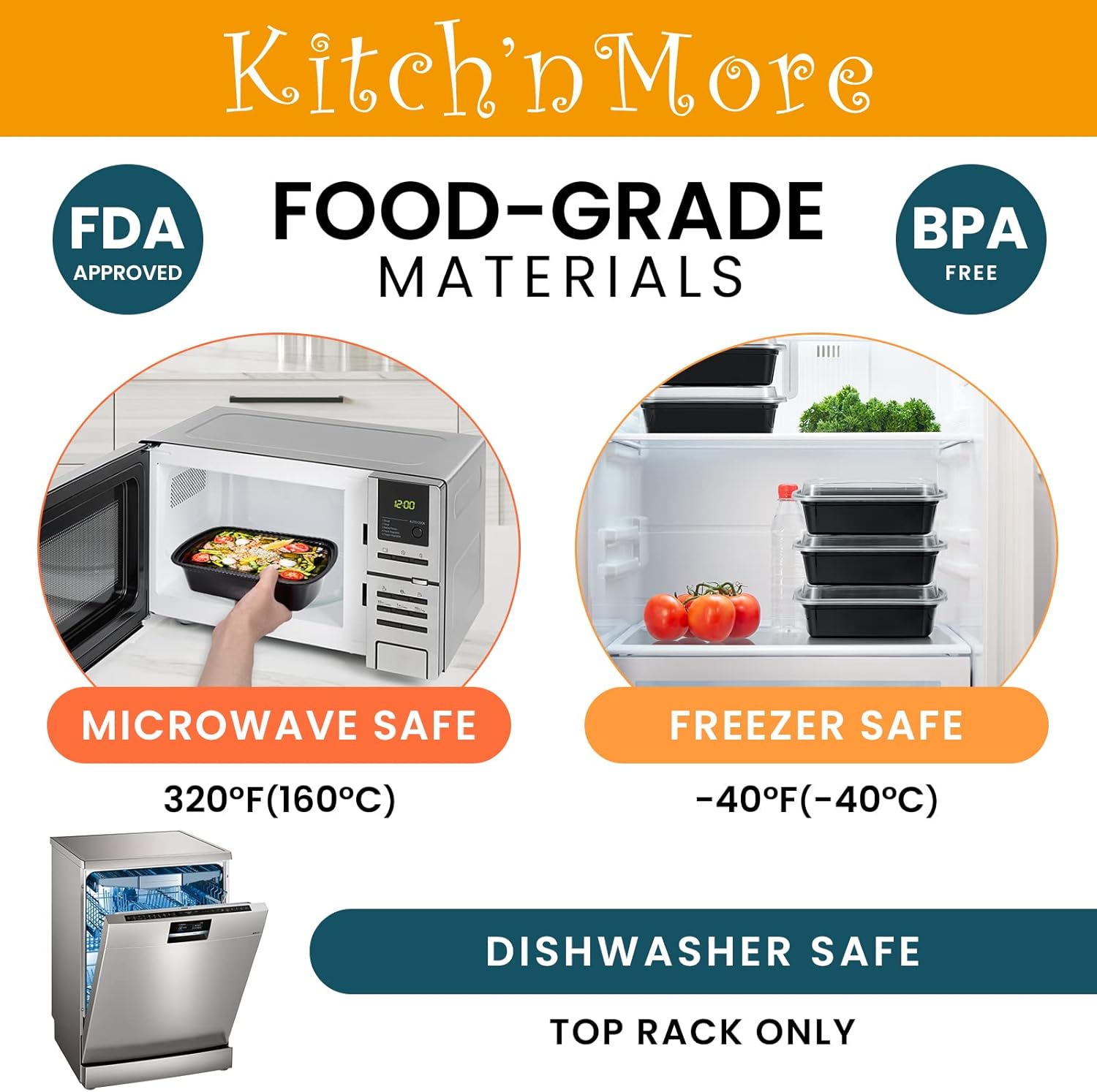 Kitch’nMore 38oz Meal Prep Containers, Extra Large &Thick Food Storage Containers with Lids, Reusable Plastic,Disposable Bento Box,Stackable,Microwave/Freezer/Dishwasher Safe, BPA Free (30Pack) - Image 4
