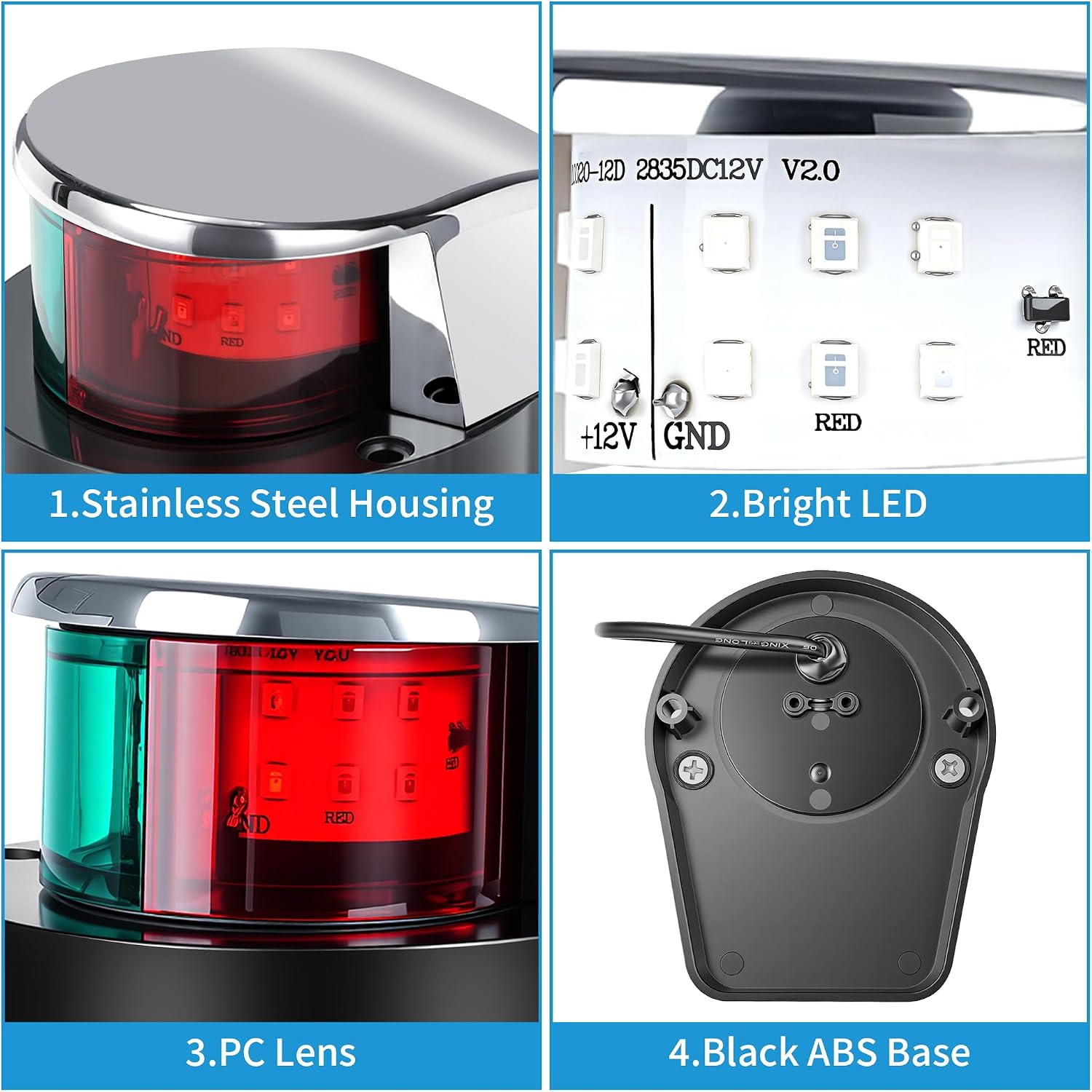 Obcursco Boat Navigation Lights, Red and Green Marine LED Bow Lights, IP67 Waterproof, Rust-Resistant, Ideal for Pontoon, Skiff, Small Boats, and Yacht(Silver) - Image 7