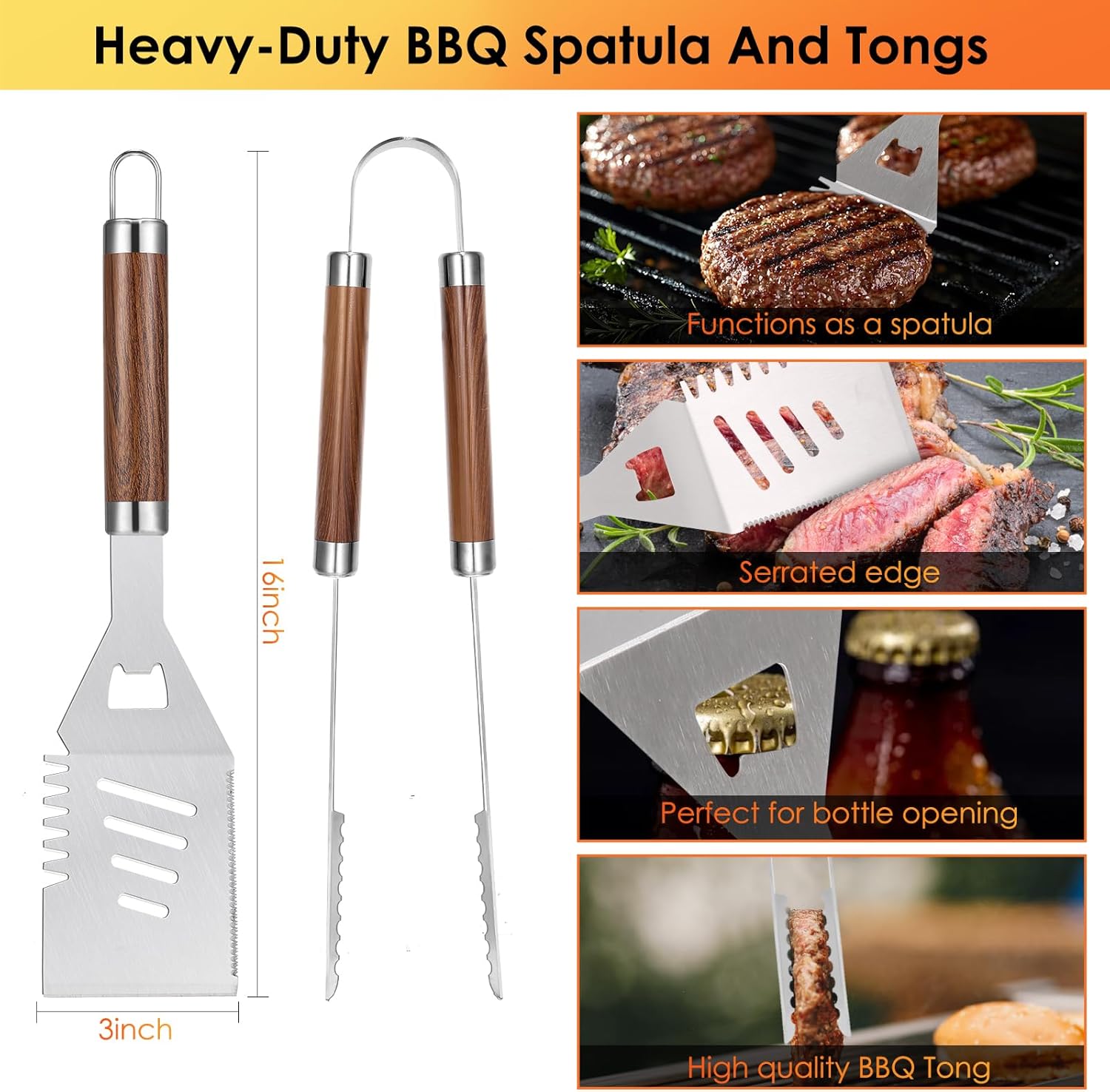 Yoehka BBQ Grilling Accessories Set, 34Pcs Heavy Duty Grill Tools for Outdoor Camping, Grilling Gifts for Men Dad, Stainless Steel Barbecue Utensils Kit with Mats and Glove in Carrying Bag, Brown - Image 2