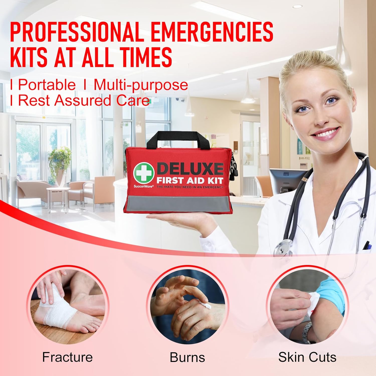SuccorWare 380 Pieces Deluxe First Aid Kit Compact Trauma Medical Kits with Assorted Bandages, Instant Cold Pack, Emergency Blanket for Home, Travel, Camping, Vehicle, Emergency Kits(Red) - Image 5