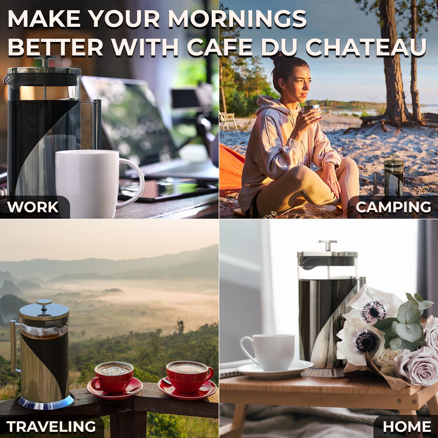 Cafe Du Chateau Stainless Steel French Press Coffee Maker 34 oz - Easy to Use Insulated Coffee Press with 4-Level Filtration, Manual Brewer for Tea, Camping & Travel with BPA Free, Durable Clear Glass - Image 9