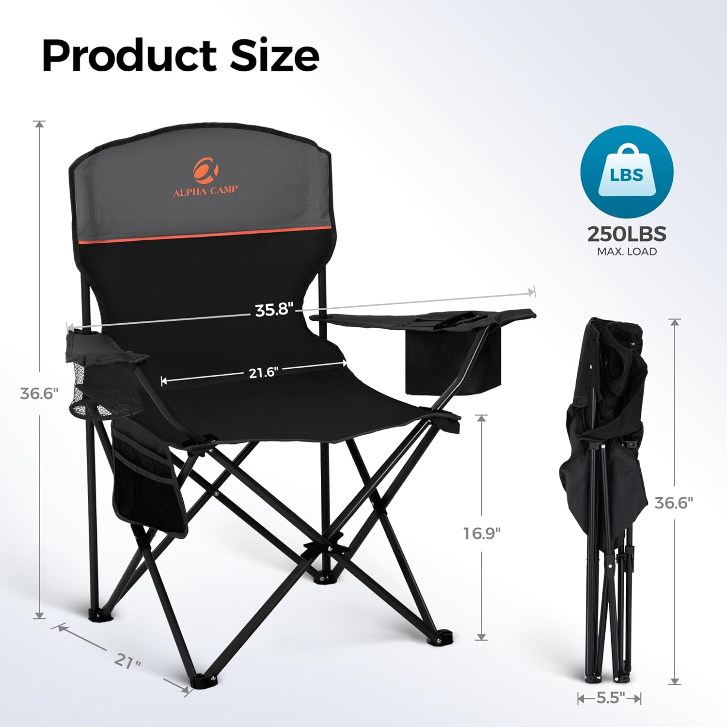 ALPHA CAMP 2-Pack Camping Chair with Cooler Bag, Heavy Duty 250lbs Capacity Folding Chair with Lumbar Support & Side Pocket, Portable Quad Chairs for Beach Fishing Tailgating & Sideline Sport - Image 3