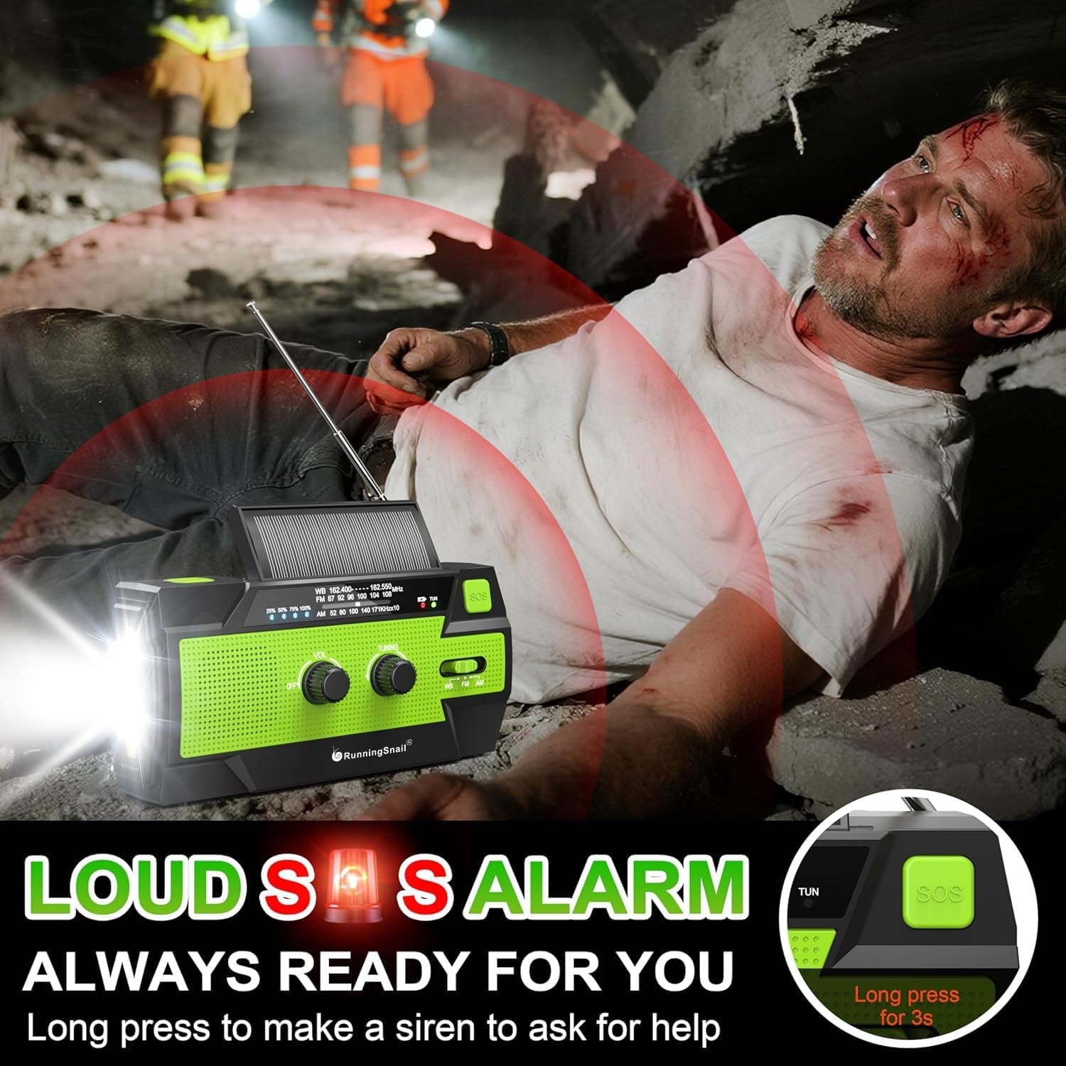 Emergency Crank Weather Radio, 14800mWh Solar Hand Crank Portable AM/FM/NOAA Weather Radio with 1W 3 Mode Flashlight & Reading Lamp, Cell Phone Charger, SOS for Home and Emergency - Image 5