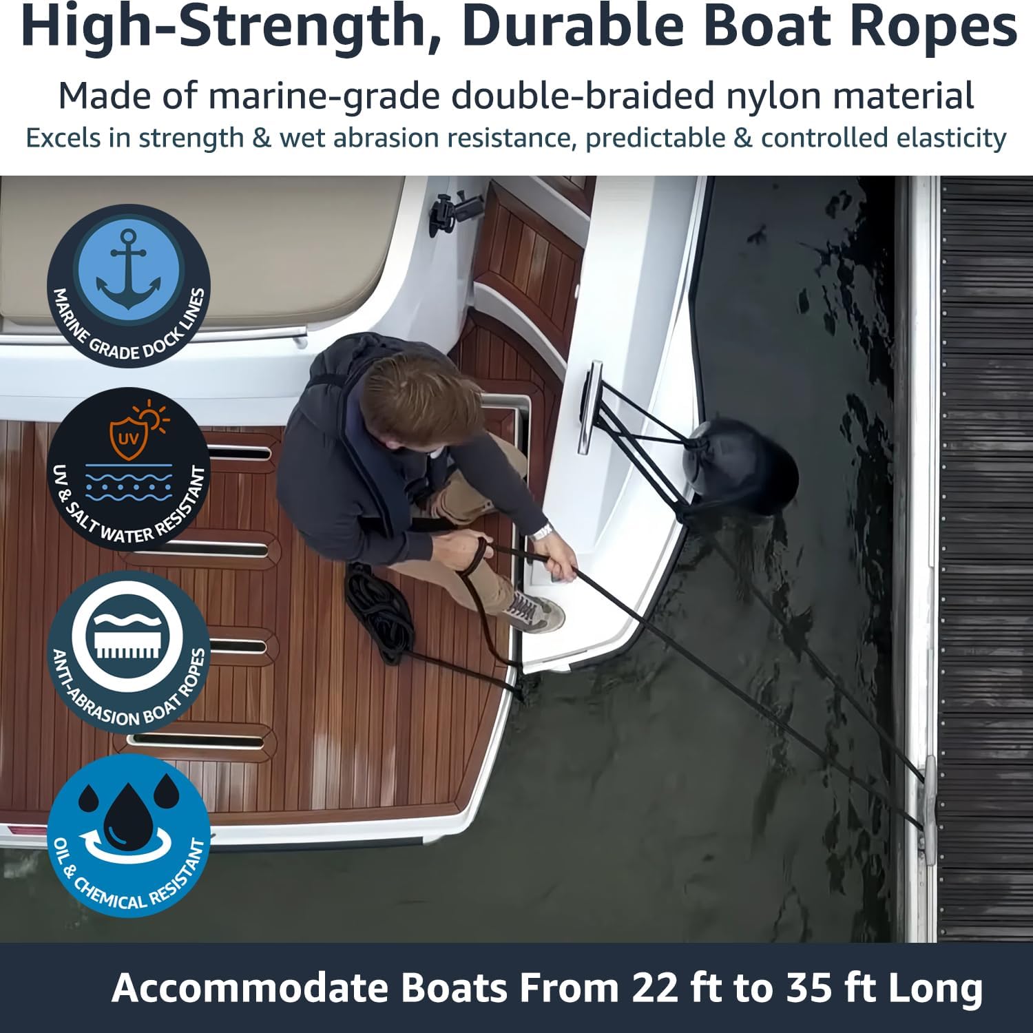 2 Pack 1/2" x 20' Dock Lines - Marine Grade Nylon Boat Rope with 12" Loop for Docking and Mooring - Double Braided Boat Lines, High Strength, Easy Handling, Fray Resistant - Black - Image 4