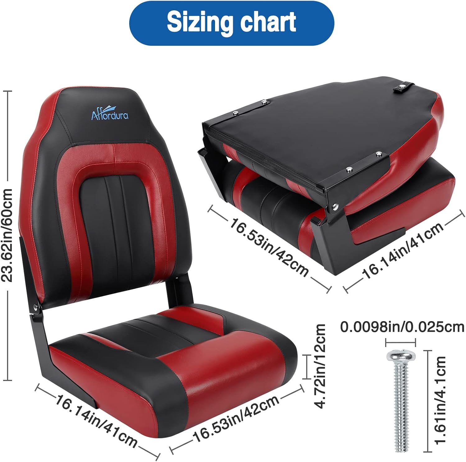 Affordura Boat Seat for Boats with 2 Storage Bags High Back Folding Boat Seat Boat Fold Down Seat (2 Packs), Black and Red - Image 7