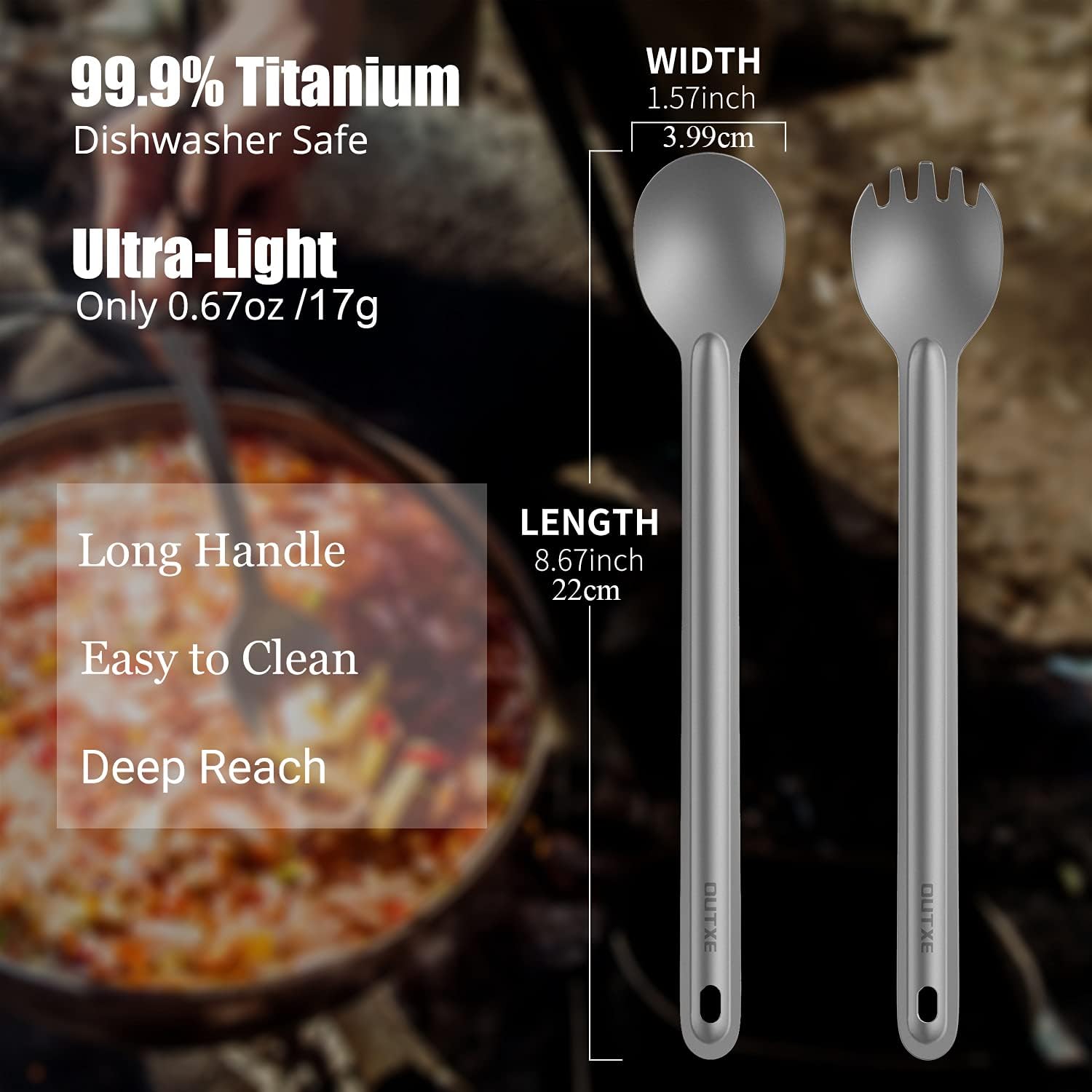 OUTXE Ultralight Titanium Long Handle Fork and Spoon Set - Image 2