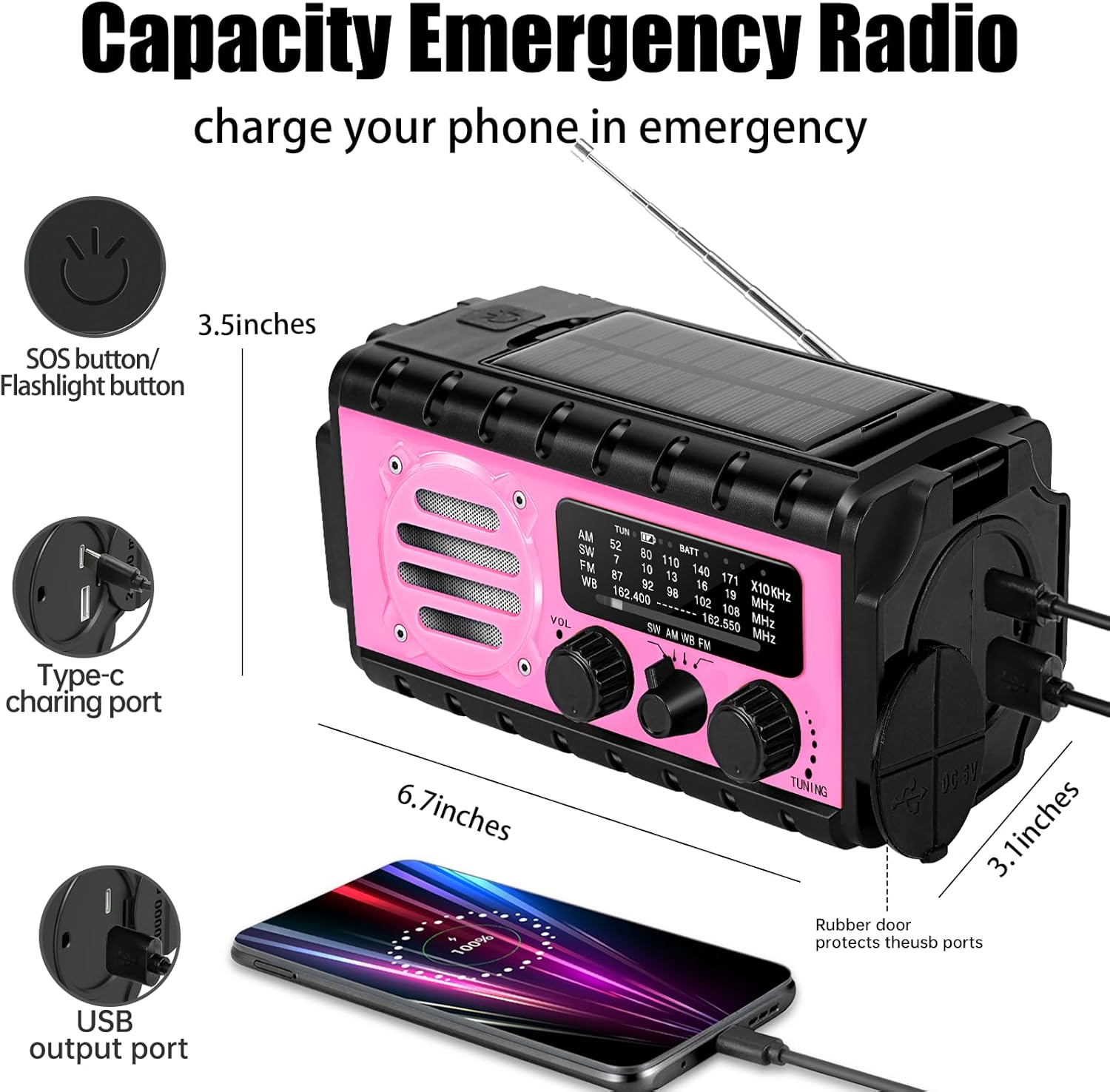 74000mWh Emergency Radio with NOAA Weather, Portable Hand Crank SW/AM/FM Survival Radio with Fast Charge Rechargeable Solar Battery, Flashlight, Reading Lamp,SOS Sirenor Home Outdoor(Pink) - Image 5