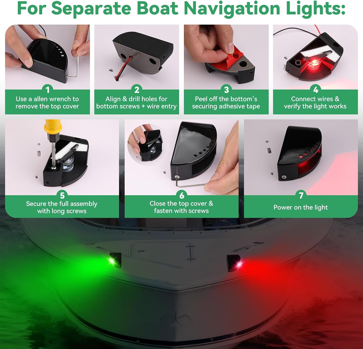 Boat Navigation Light LED,2-in-1 Split & Integrated 12V Marine Nav lights, IP67 Red & Green Night Fishing Deck Lights for Bow & Stern, Ideal for Pontoon, Fishing Boats, Yacht, Skiff - Image 4