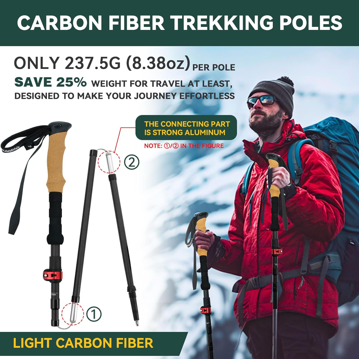 Carbon Fiber Trekking Poles - Lightweight Collapsible Hiking Poles, 2 PCS Nordic Hiking Sticks for Travel, Backpacking Walking Sticks for Men, Women, Seniors with Cork Grip & Quick-Lock System - Image 6