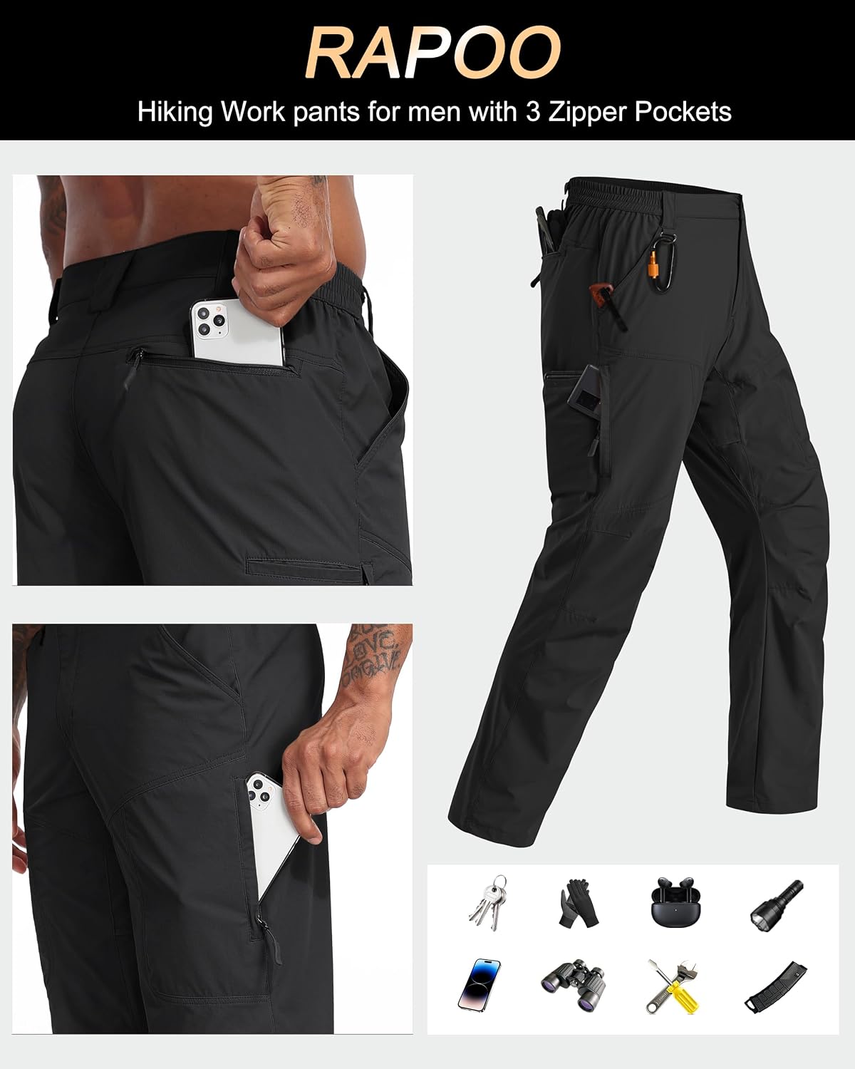 Rapoo Mens Hiking Pants Lightweight Water Resistant Breathable Nylon Cargo Pants with 6 Pockets - Image 5