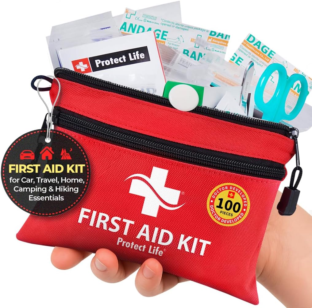 Protect Life Doctor Developed Mini First Aid Kit, 100 Piece Waterproof Emergency Kit for Car, Boat, Camping & Travel, Includes Emergency Blanket, Tourniquet & First Aid Guide