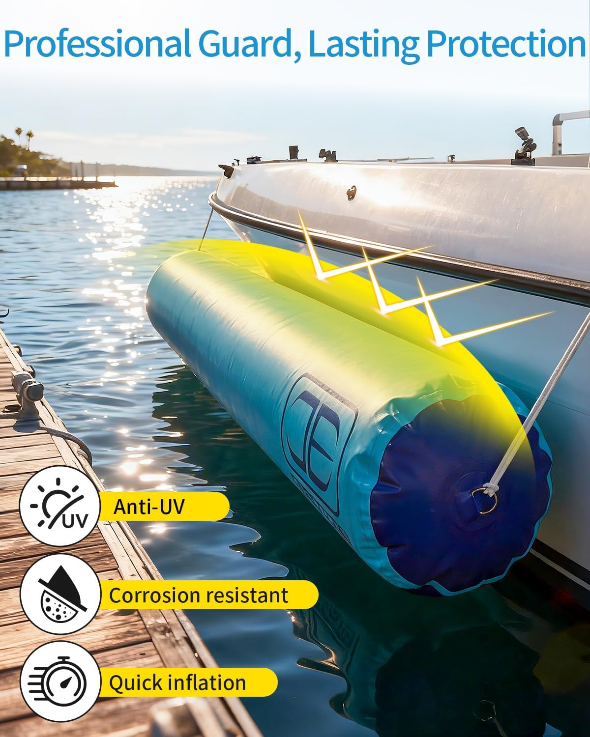OCEANBROAD Inflatable Boat Fenders 10ft x 18in Heavy Duty Dock Bumpers for Pontoon Fishing Boat, Marine 1280D PVC, Complete Set with 2 Mooring Ropes, Repair Kit, Storage Bag (Air Pump Not Included) - Image 2