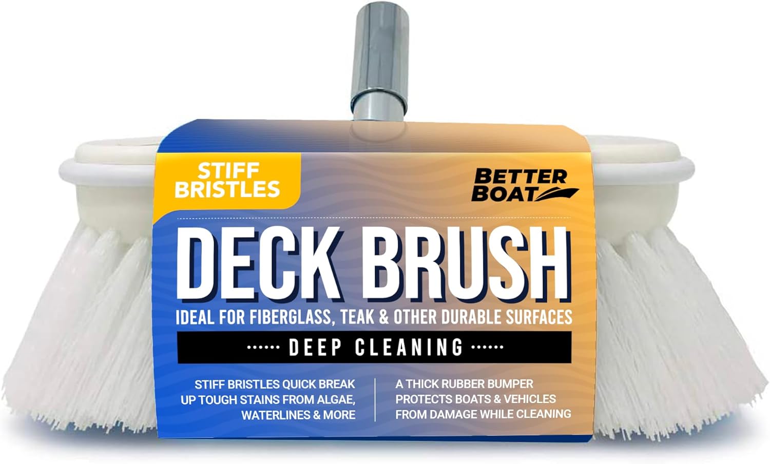 Stiff Boat Deck Brush, Heavy-Duty Marine Brush Head, 8" Firm Bristle with Bumper, 3/4" Thread Handle, for RV, Truck, and Auto Cleaning