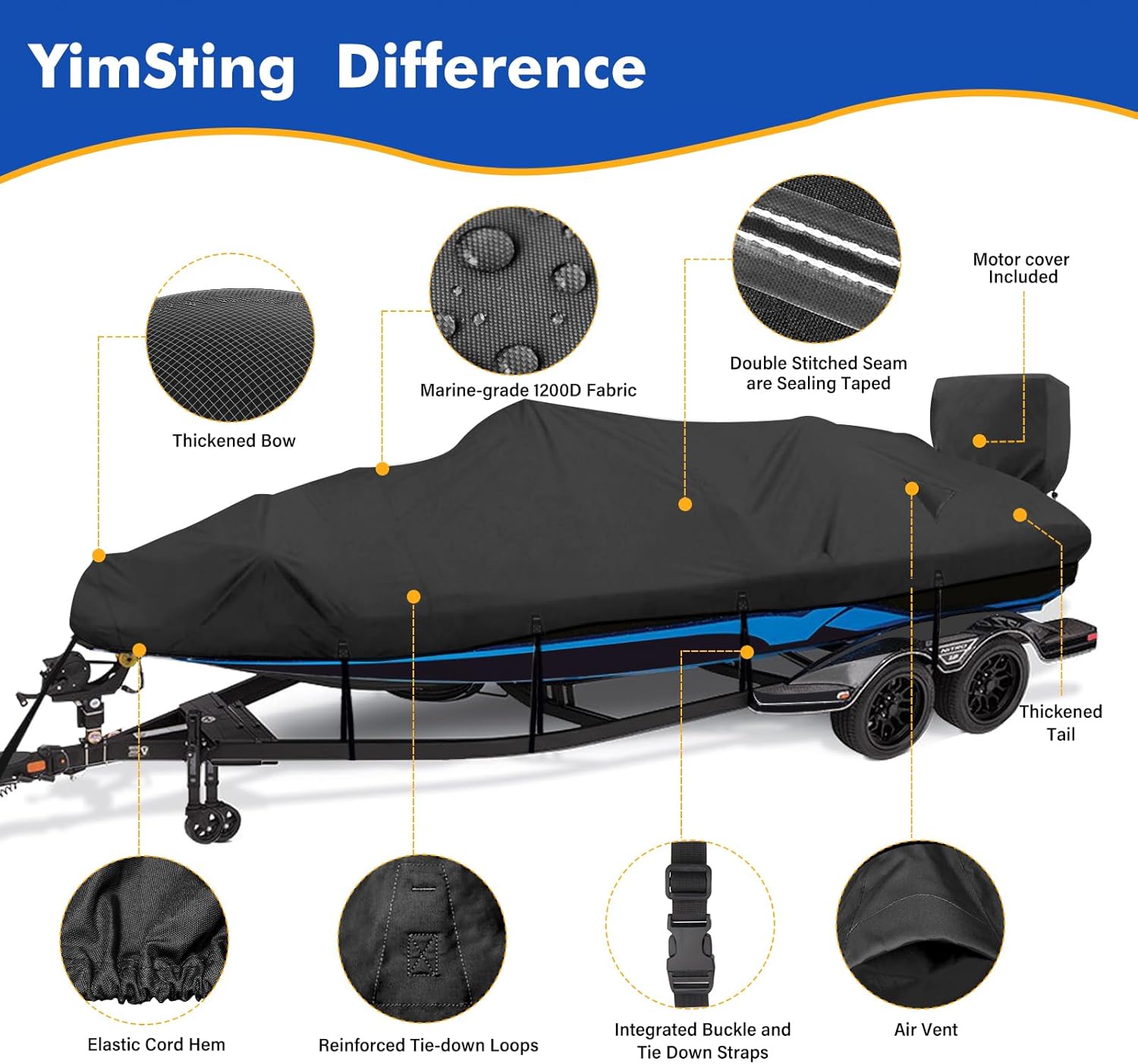 1200D Waterproof Boat Cover - Fits 14' to 16' ft Bass, V-Hull & Tri-Hull Boats - Heavy Duty Canvas Black - Image 6