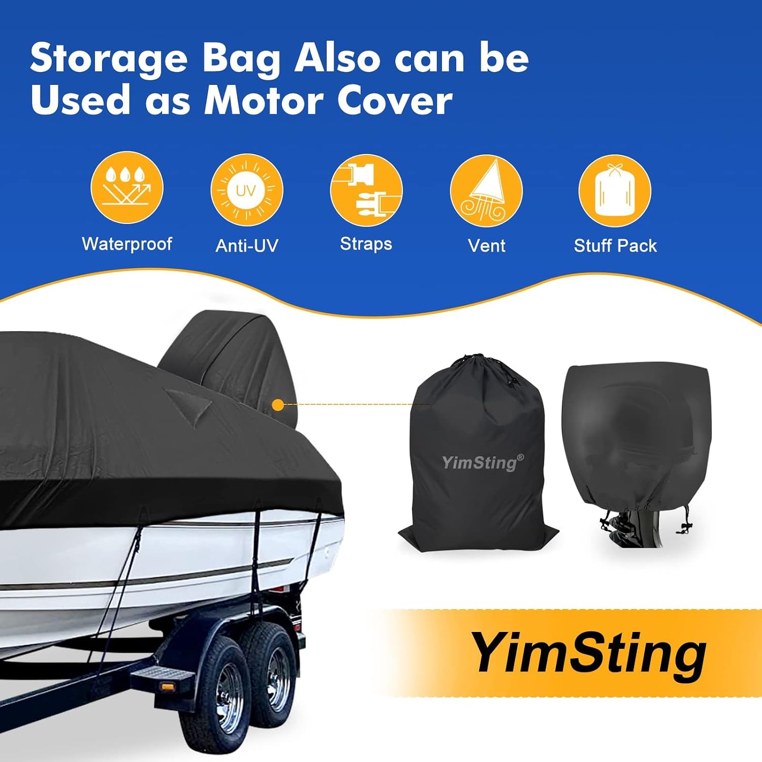 1200D Waterproof Boat Cover - Fits 14' to 16' ft Bass, V-Hull & Tri-Hull Boats - Heavy Duty Canvas Black - Image 5