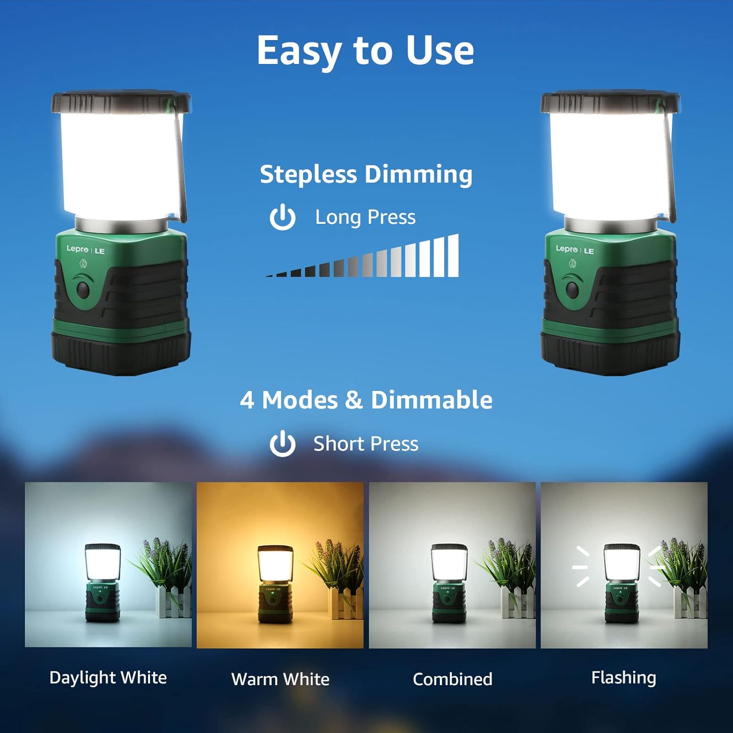 Lepro 1000LM LED Camping Lantern Rechargeable, 4400mAh Green Tent Light with 4 Light Modes, Waterproof Lantern Flashlight for Hurricane Emergency, Camping Essentials, USB Cable Included - Image 2
