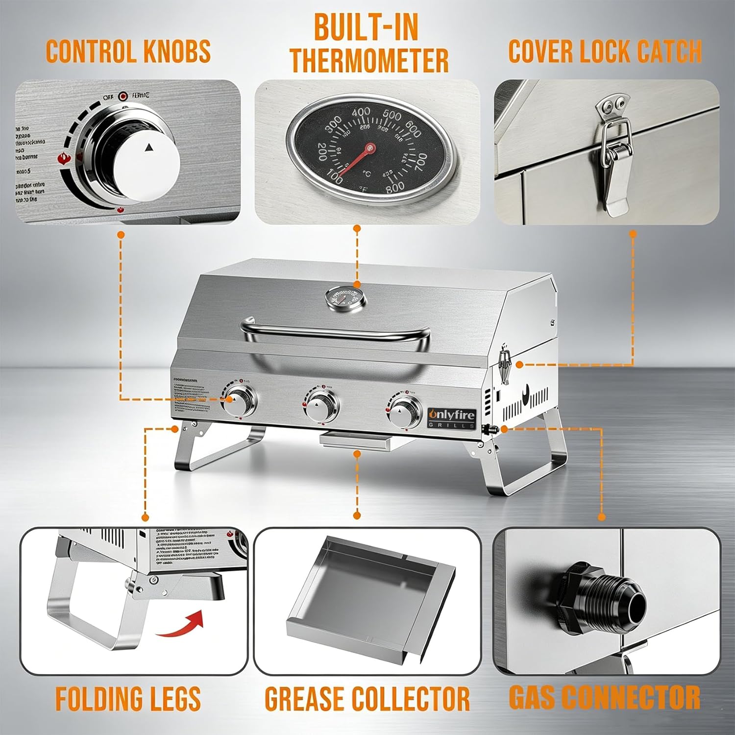 Tabletop Gas Grill 3 Burners, Portable Propane BBQ Grill with Foldable Legs & 22" Stainless Steel Grate for Outdoor Patio Backyard Barbecue, Camping Tailgating RV, 24000BTU High Output, Classic GS307 - Image 8